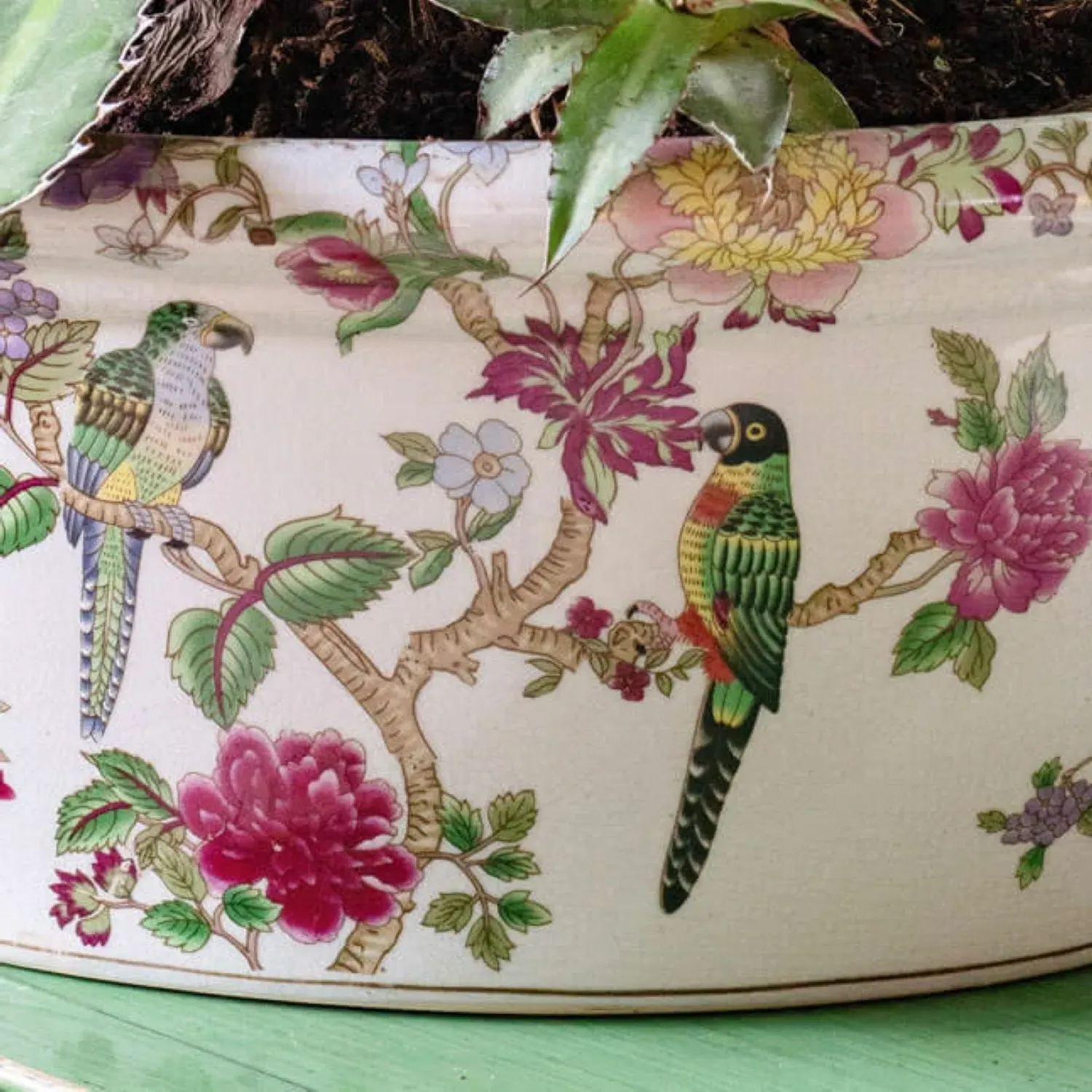 Flowers and Parrots Plant Pot - Porcelain