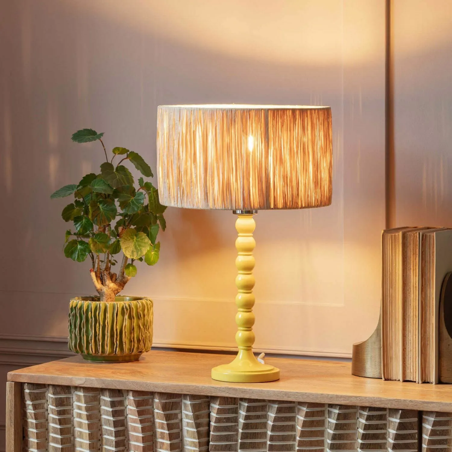 Freya Table Lamp with Inline Switch - Yellow, Wood