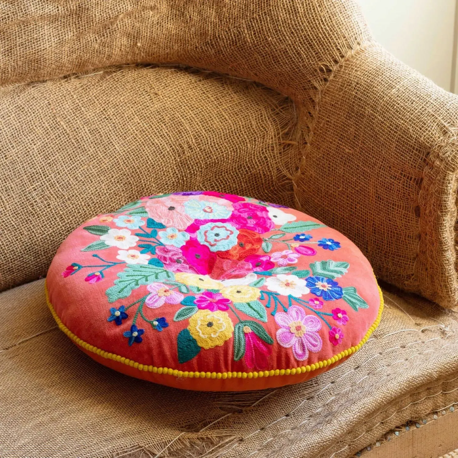 Fuchsia Bouquet Small Round Seat Pad - Cotton