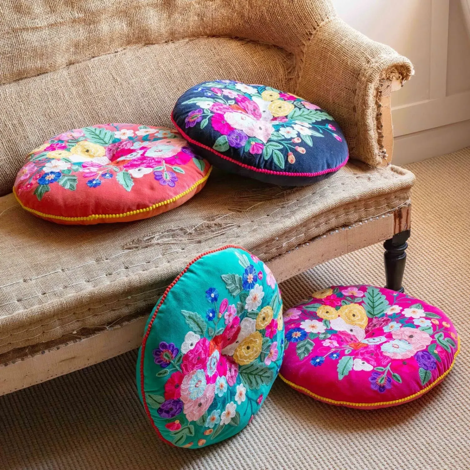 Fuchsia Bouquet Small Round Seat Pad - Cotton