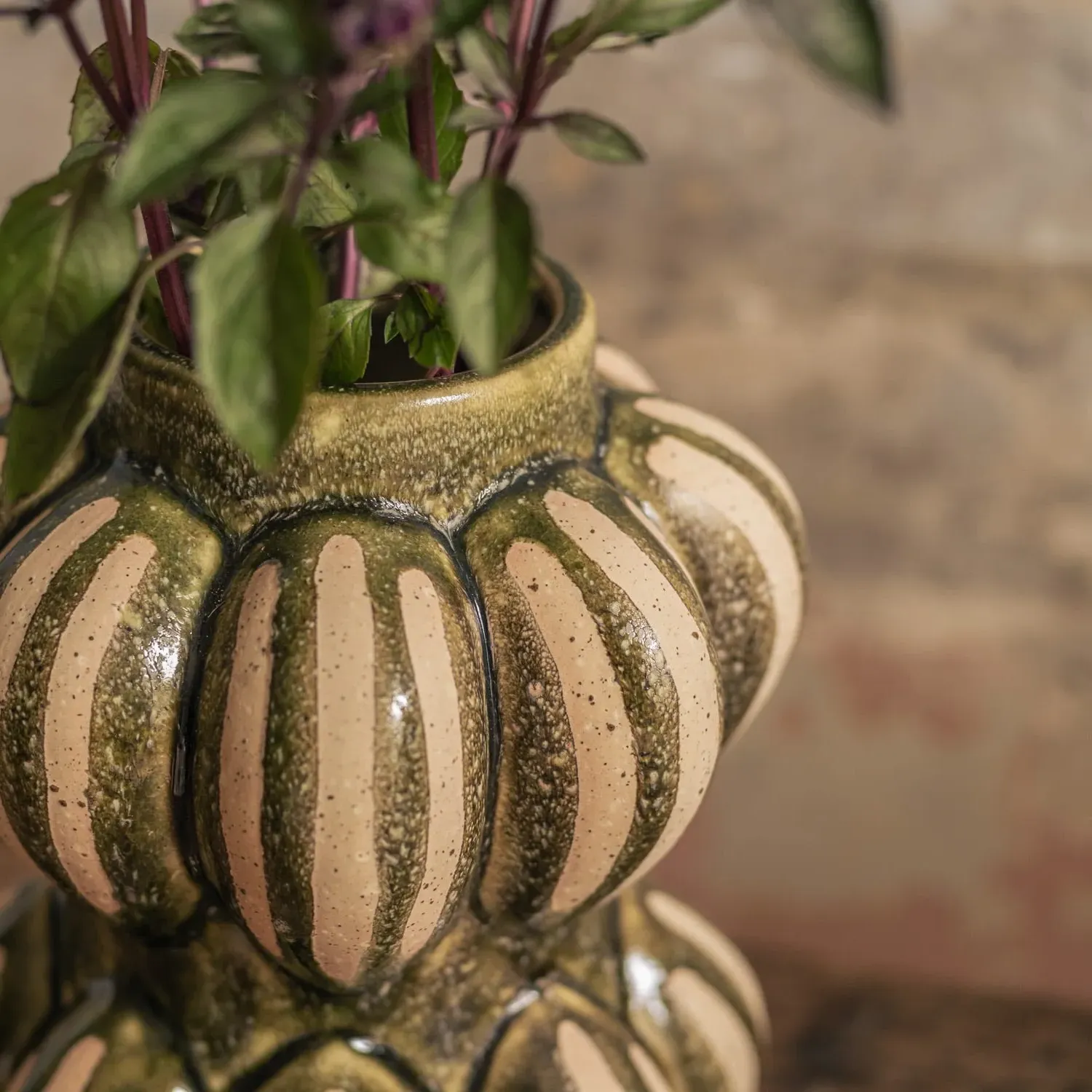 Garlic Stripe Vase - Dark Green, Stoneware