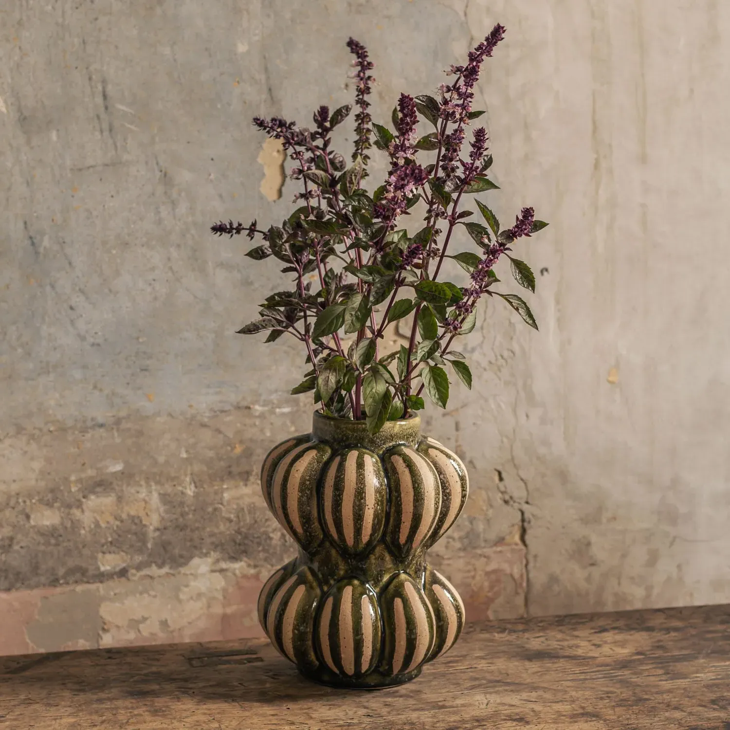 Garlic Stripe Vase - Dark Green, Stoneware image