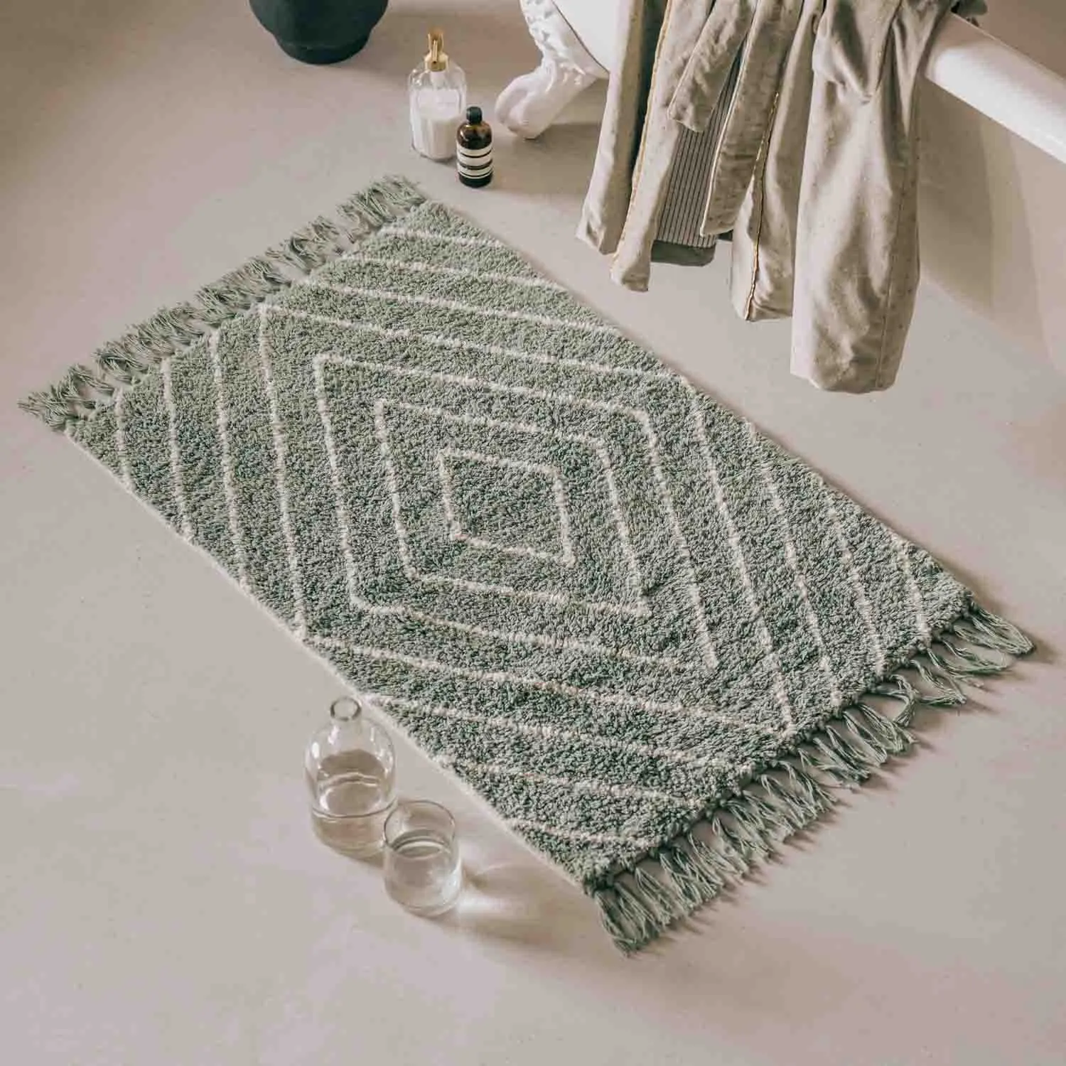 Geometric Bath Mat - Sage Green, Cotton