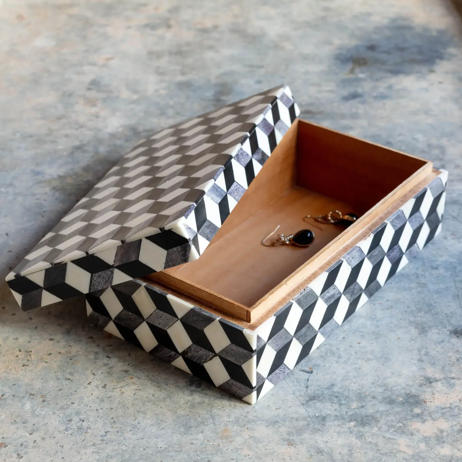 Geometric Trinket Box - Black and Grey, Bone