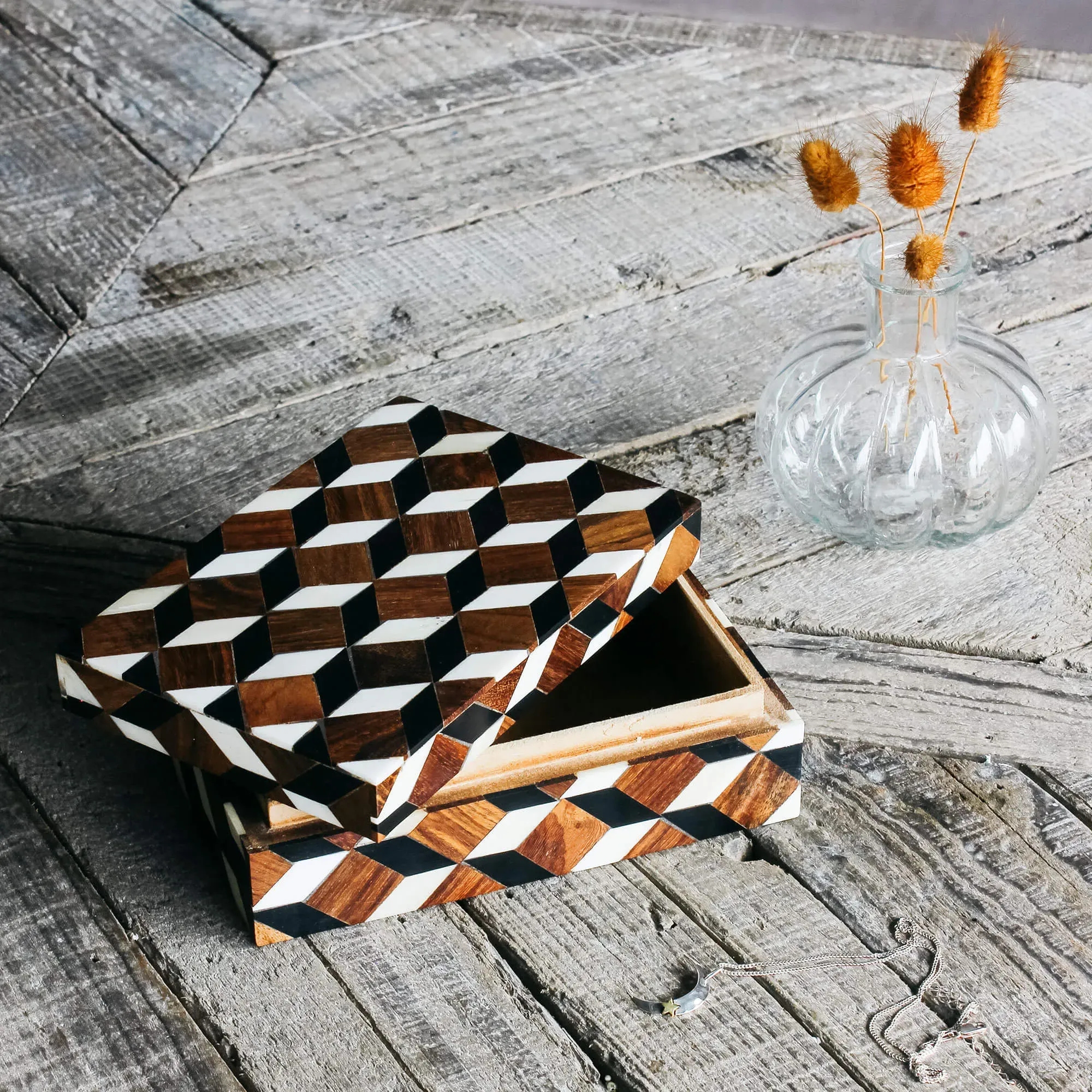 Geometric Trinket Box - Black and White, Bone image