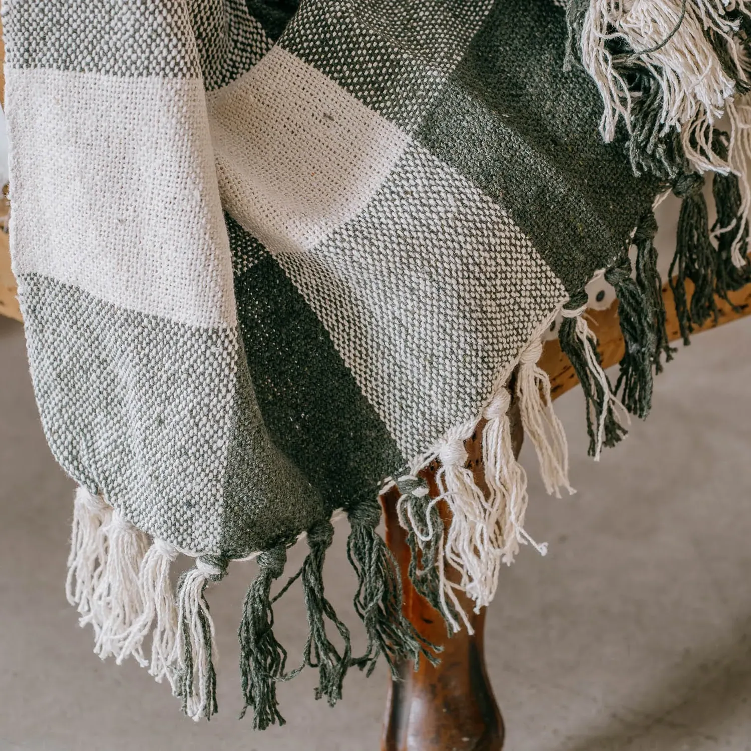 Green & White Check Throw - Green, Cotton