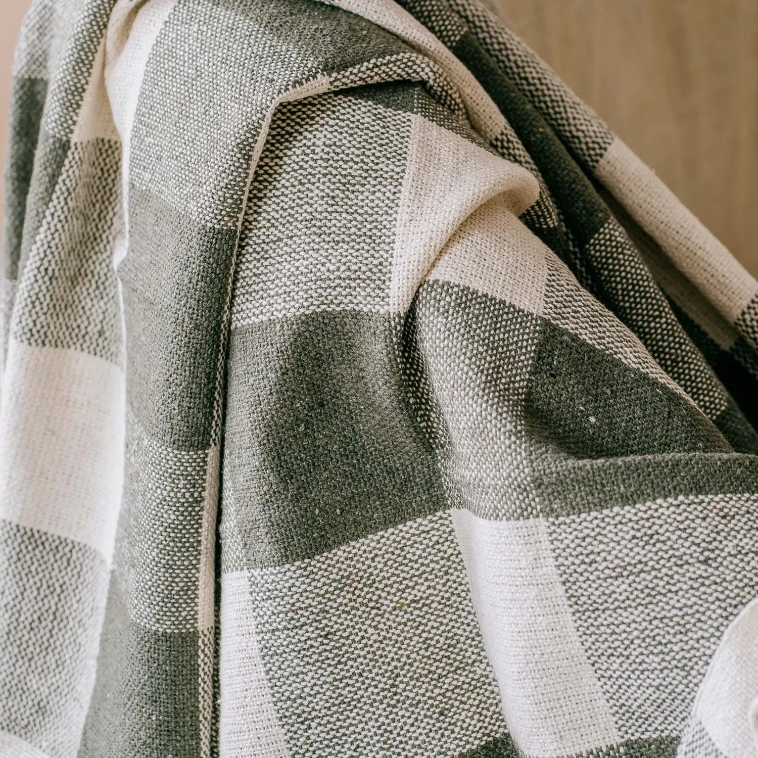 Green & White Check Throw - Green, Cotton