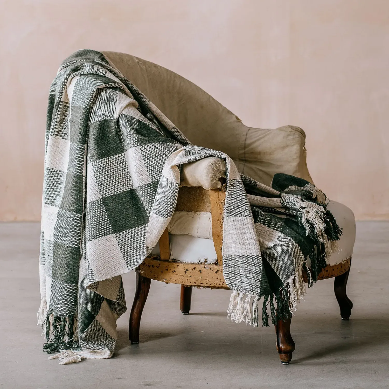 Green & White Check Throw - Green, Cotton