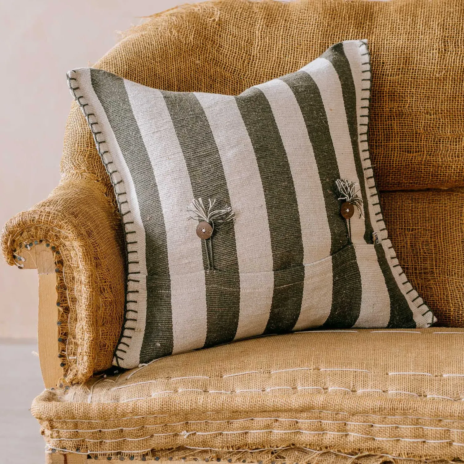 Green & White Stripe Square Cushion - Jute Blend