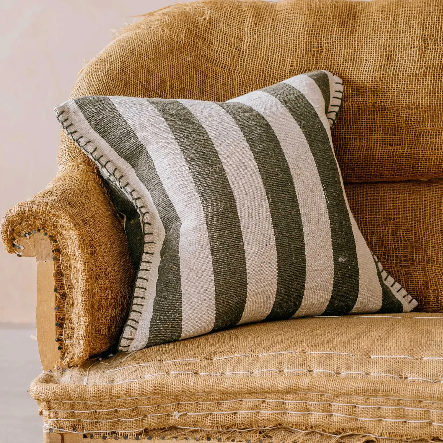 Green & White Stripe Square Cushion - Jute Blend