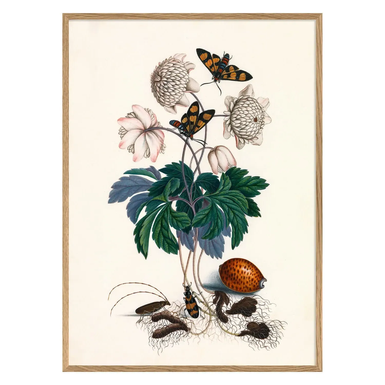 Greens and Butterflies Print with Oak Frame - 30 x 40cm