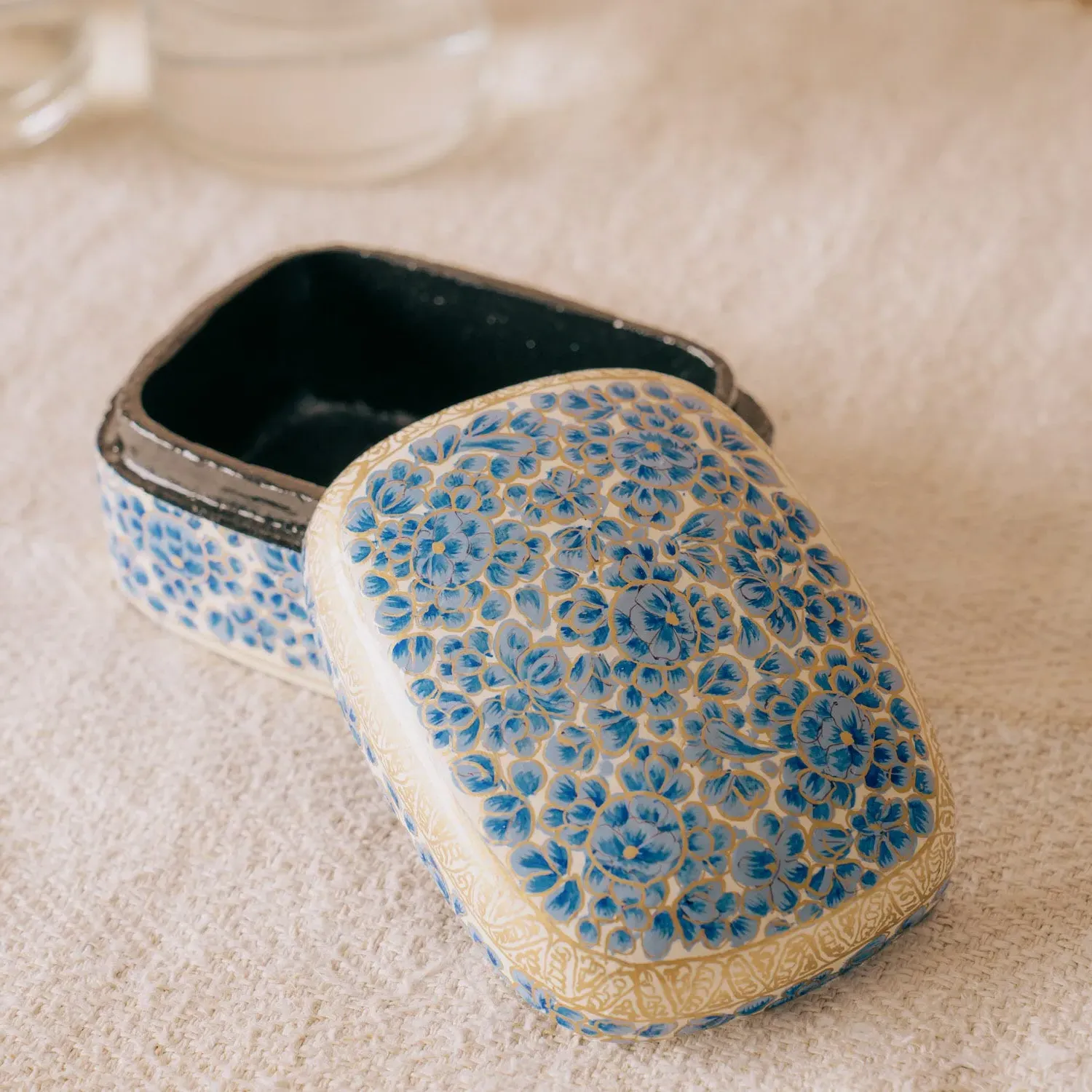 Hand Painted Floral Trinket Box - Blue, Papier Mache