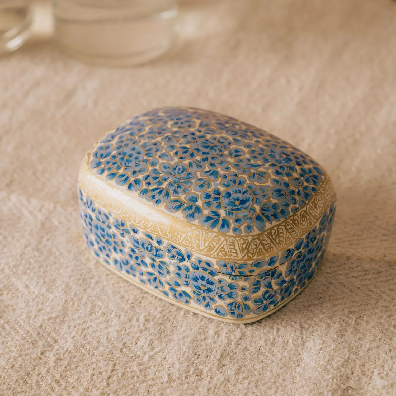 Hand Painted Floral Trinket Box - Blue, Papier Mache image