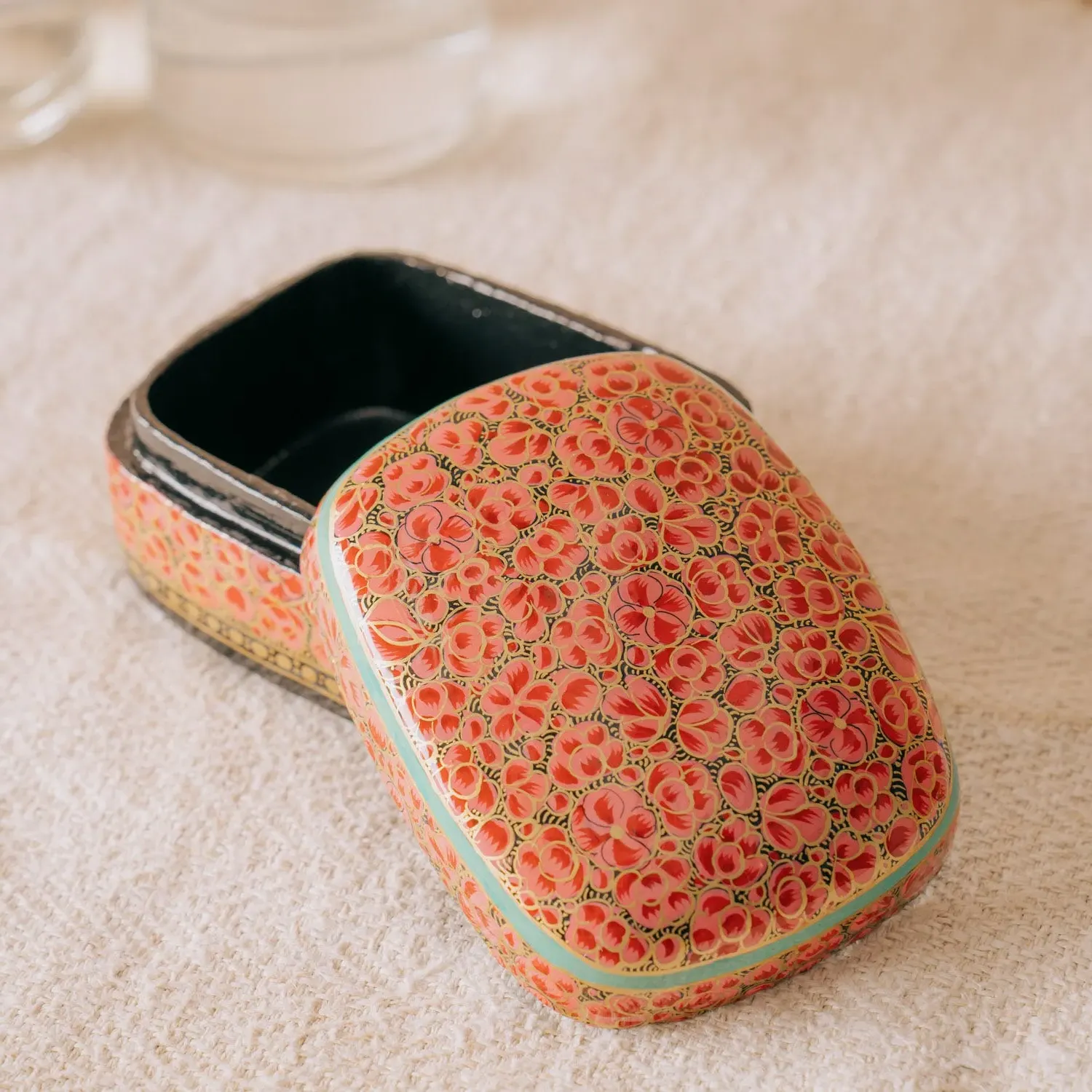Hand Painted Floral Trinket Box - Red, Papier Mache