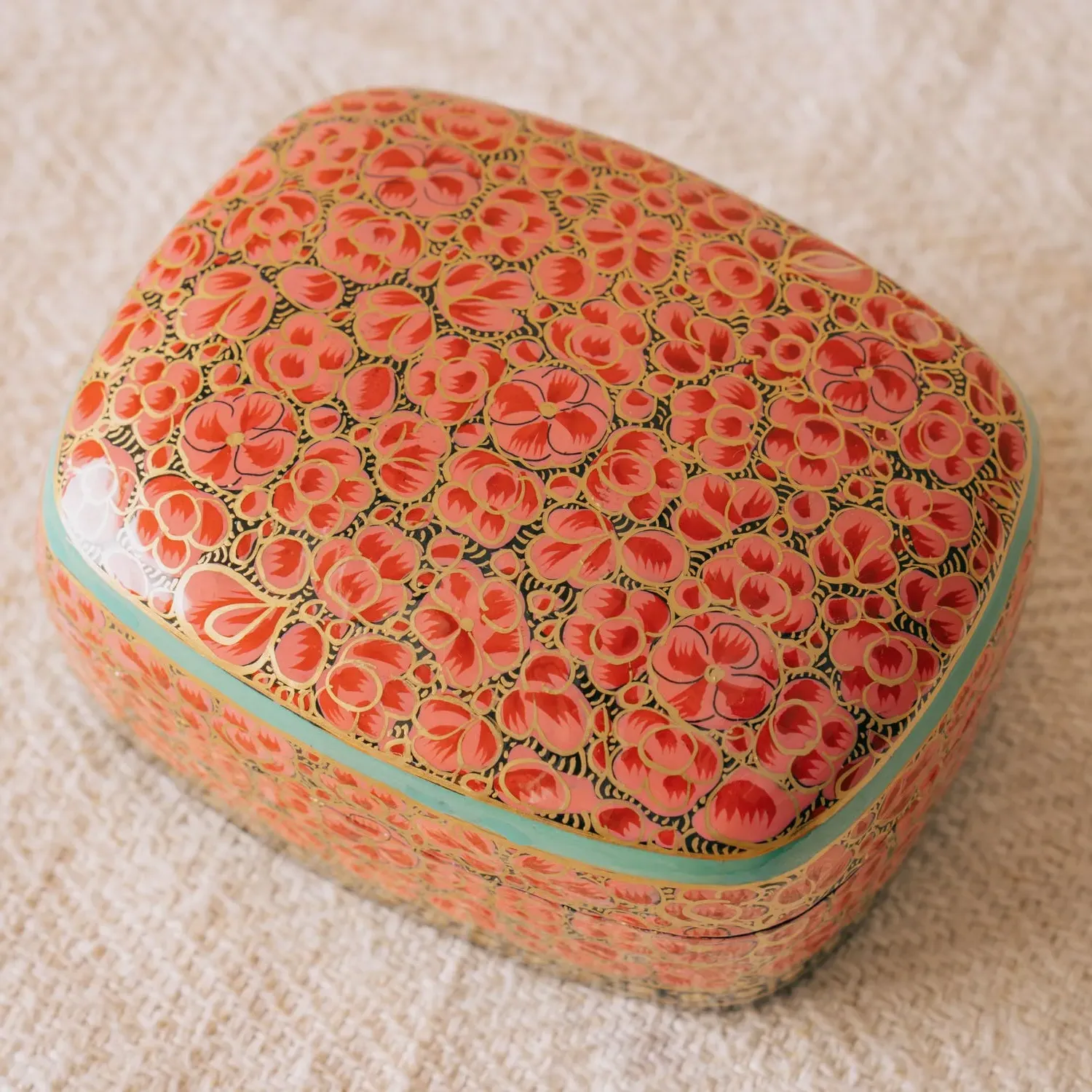 Hand Painted Floral Trinket Box - Red, Papier Mache