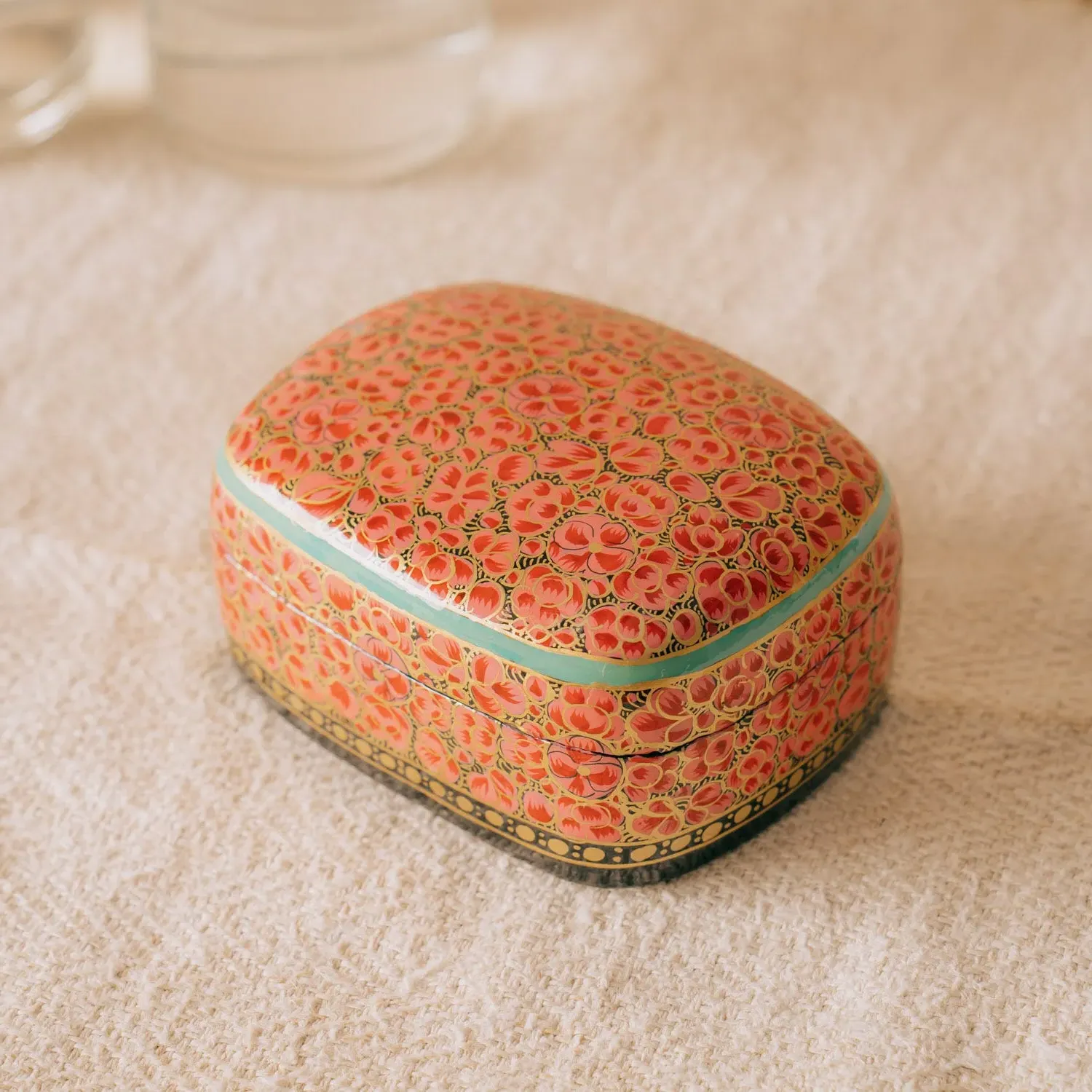 Hand Painted Floral Trinket Box - Red, Papier Mache