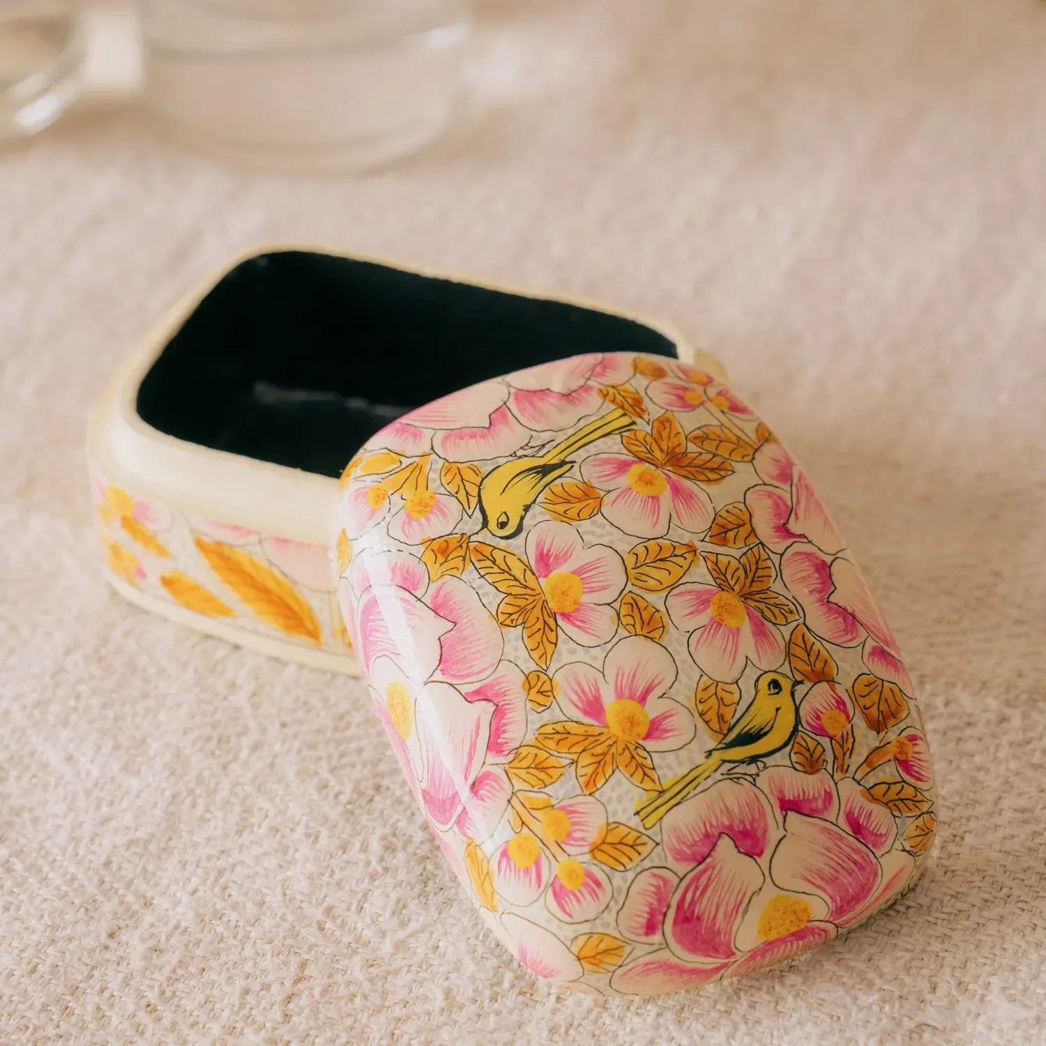 Hand Painted Flower Trinket Box - Pink, Papier Mache