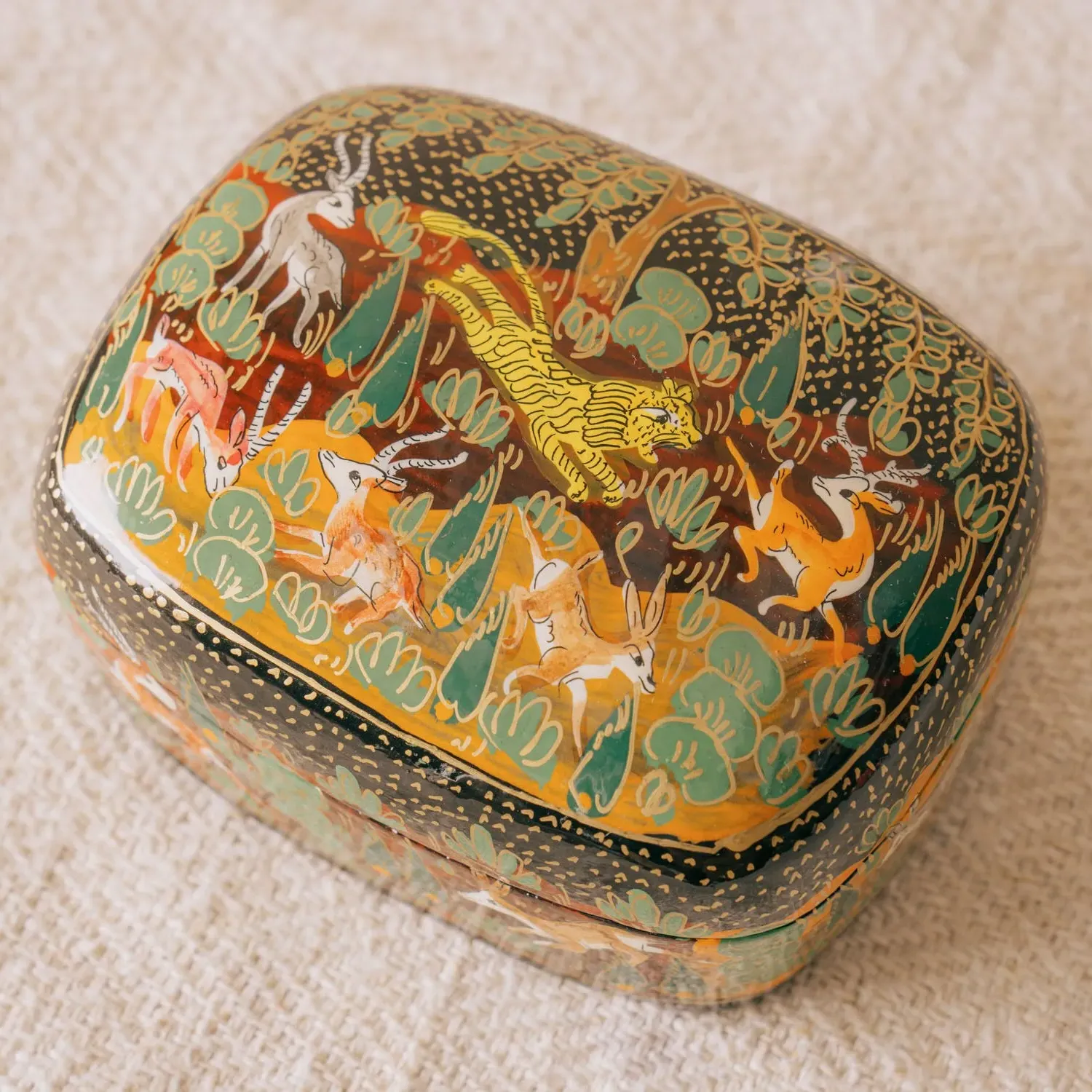 Hand Painted Tiger Trinket Box - Papier Mache