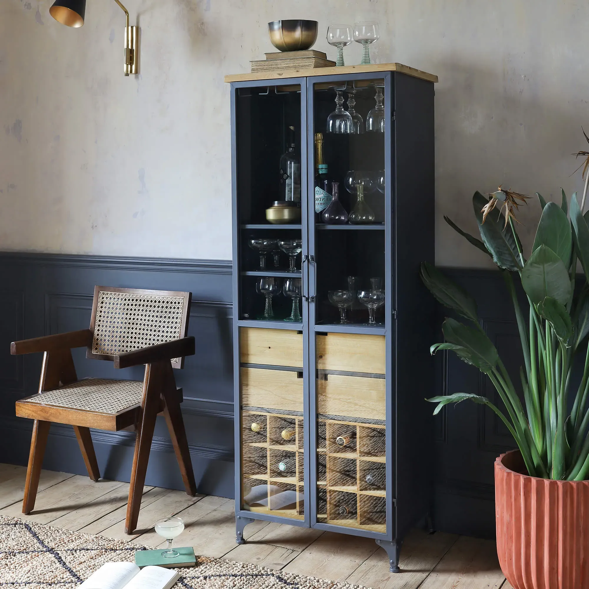 Herning Bar Cabinet with Wine Storage - Dark Steel, Fir Wood image
