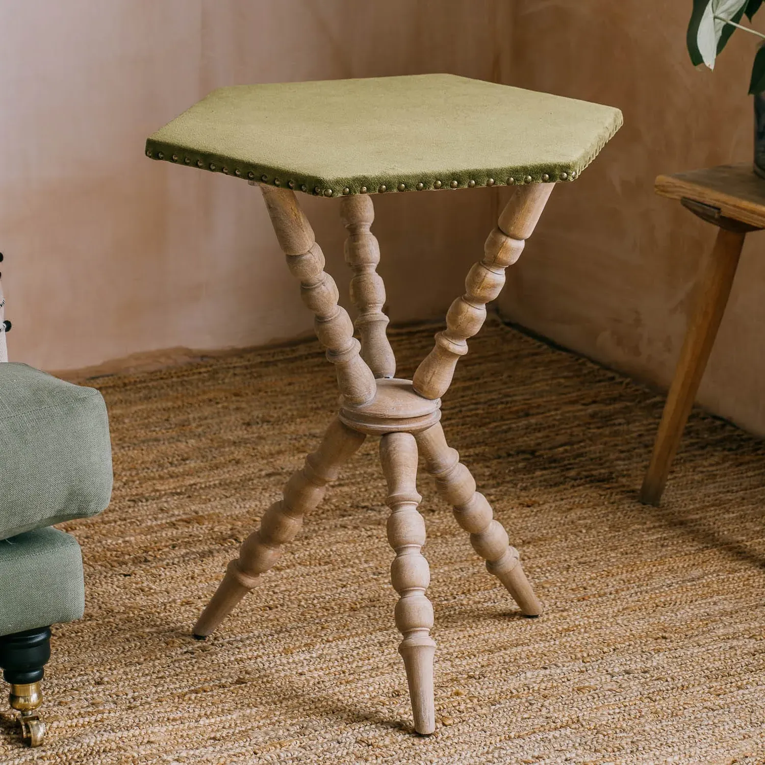 Hexagonal Side Table with Velvet Top - Moss Green, Mango Wood
