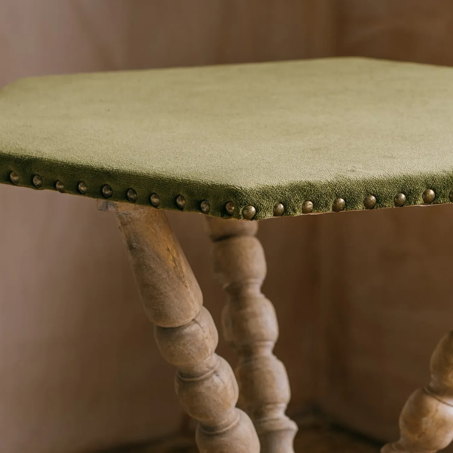 Hexagonal Side Table with Velvet Top - Moss Green, Mango Wood
