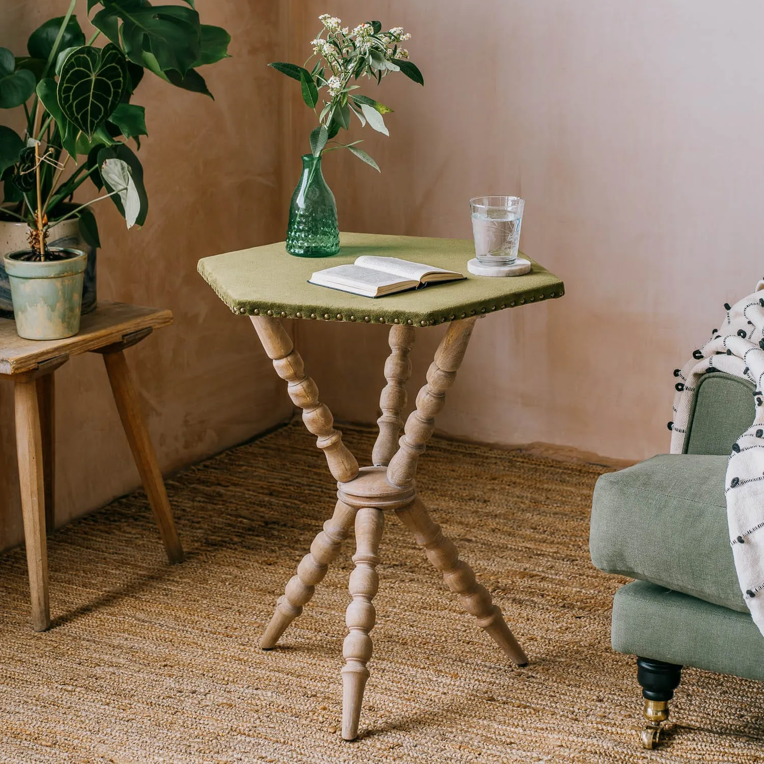 Hexagonal Side Table with Velvet Top - Moss Green, Mango Wood