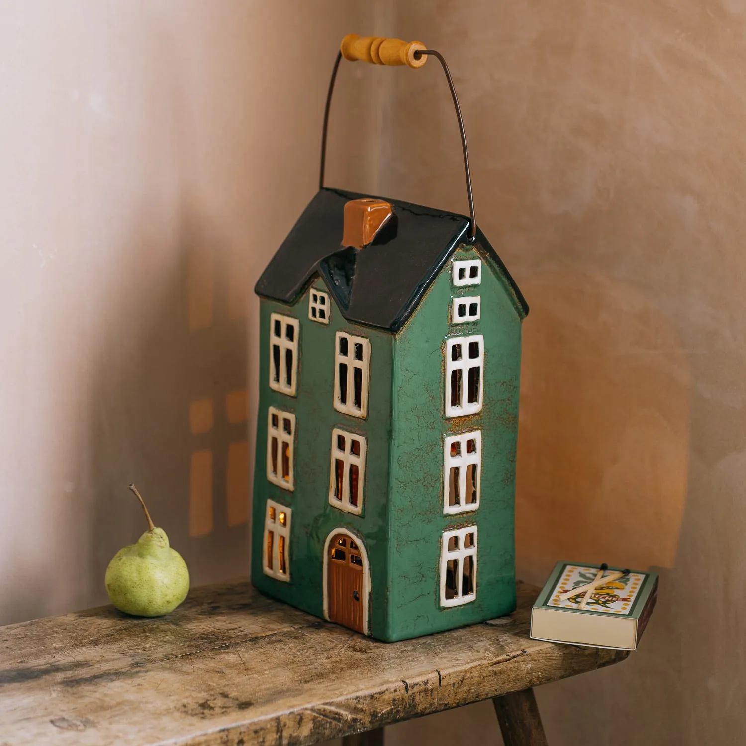 House Pillar Candle Holder with Handle - Dark Green, Stoneware