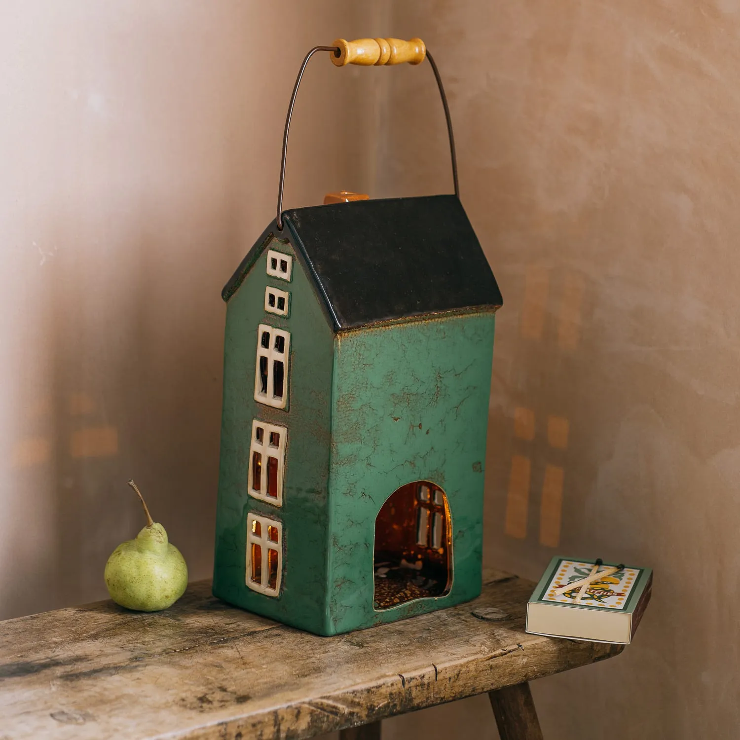 House Pillar Candle Holder with Handle - Dark Green, Stoneware