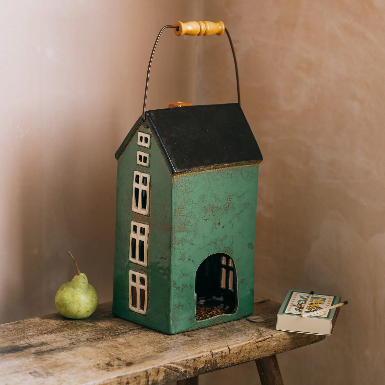 House Pillar Candle Holder with Handle - Dark Green, Stoneware