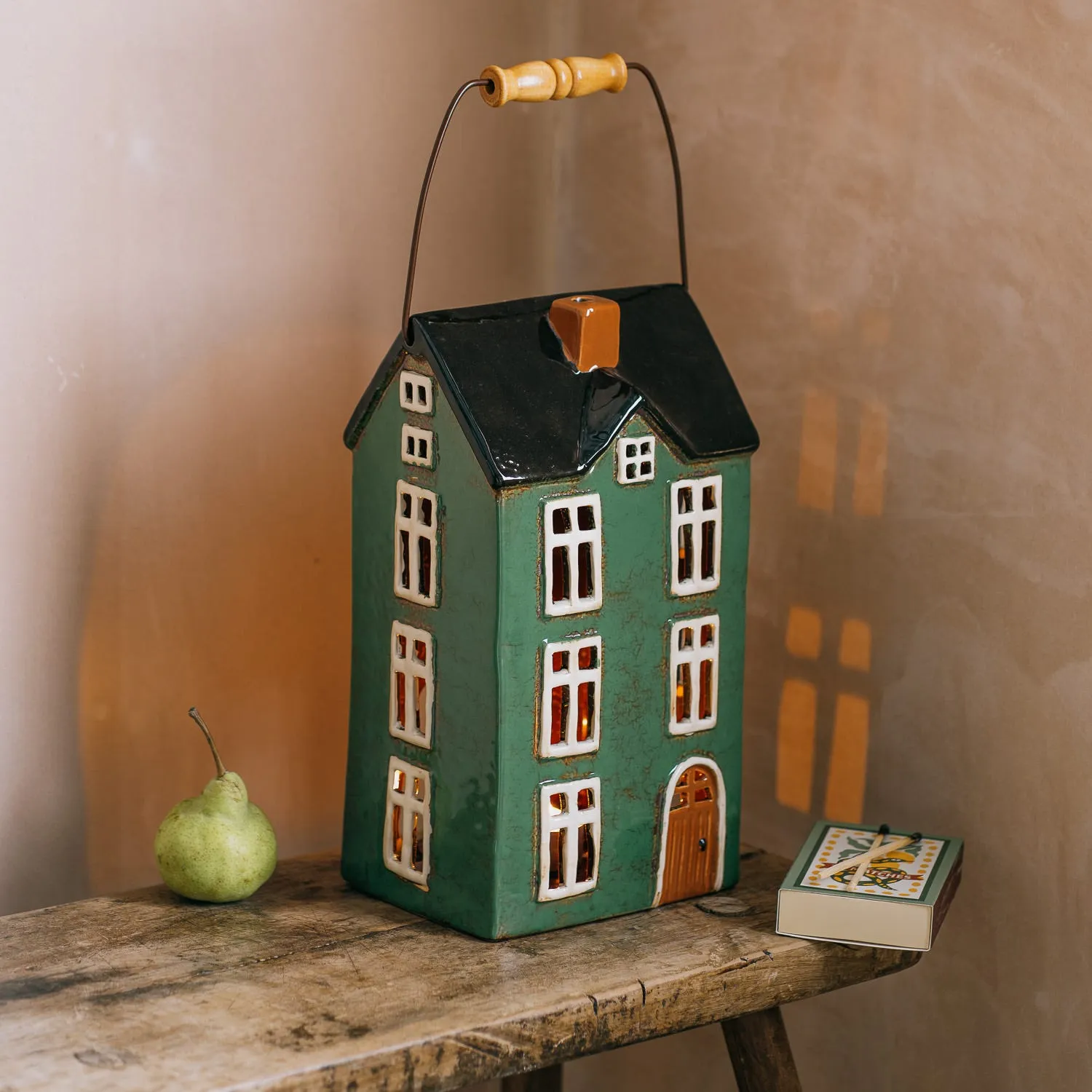 House Pillar Candle Holder with Handle - Dark Green, Stoneware