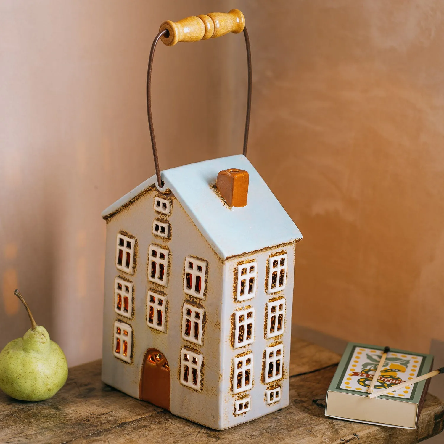 House Tealight Holder with Handle - Pale Blue, Stoneware