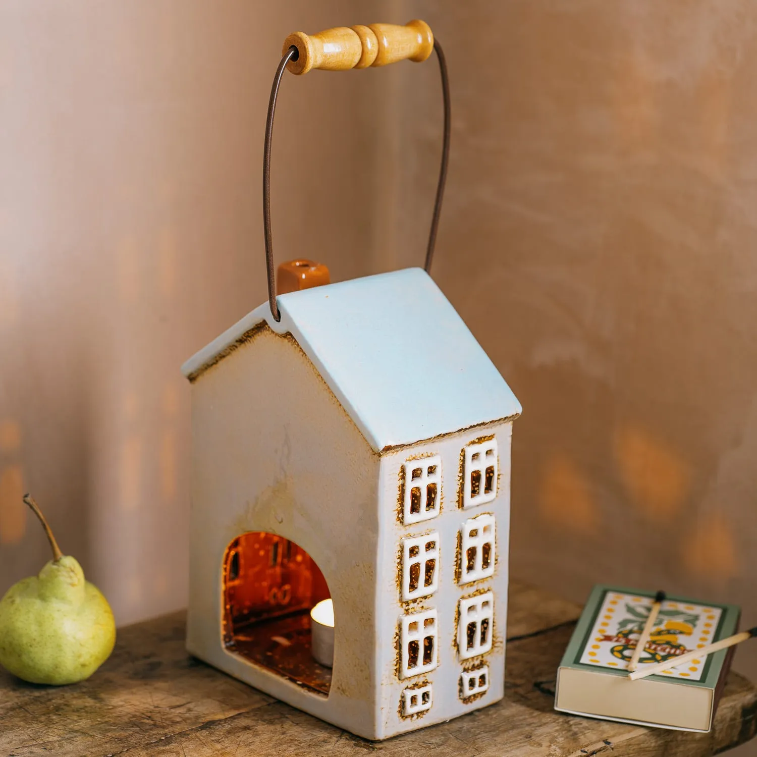 House Tealight Holder with Handle - Pale Blue, Stoneware