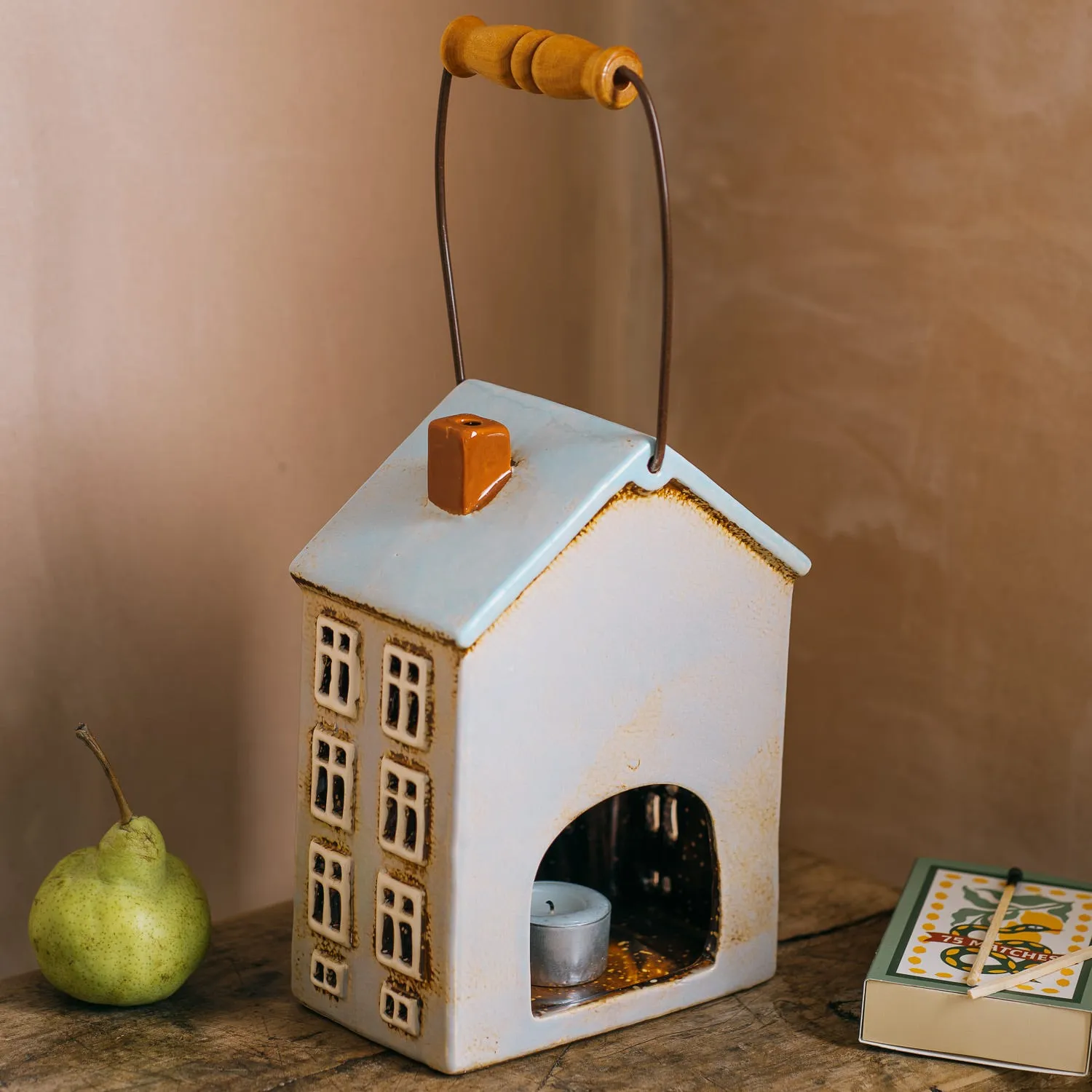 House Tealight Holder with Handle - Pale Blue, Stoneware