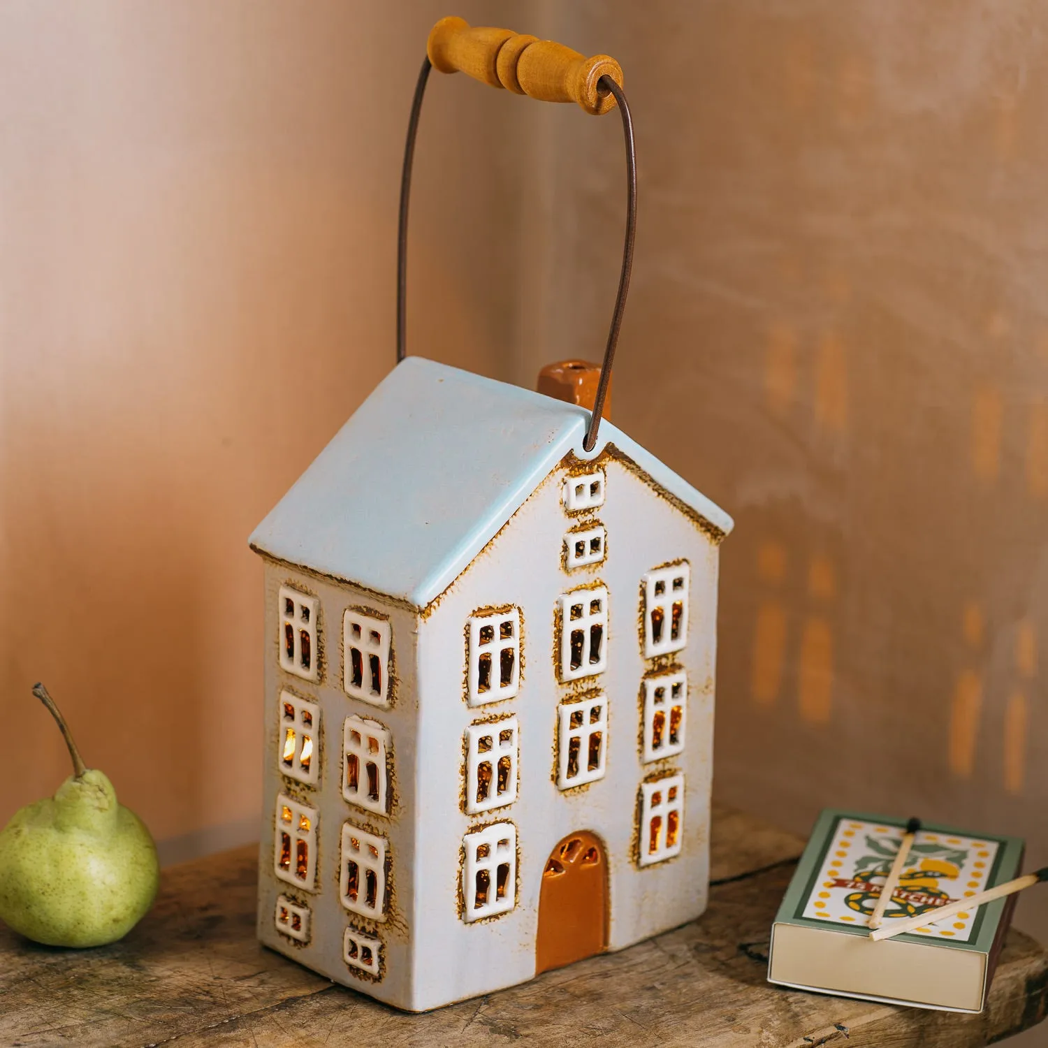 House Tealight Holder with Handle - Pale Blue, Stoneware image