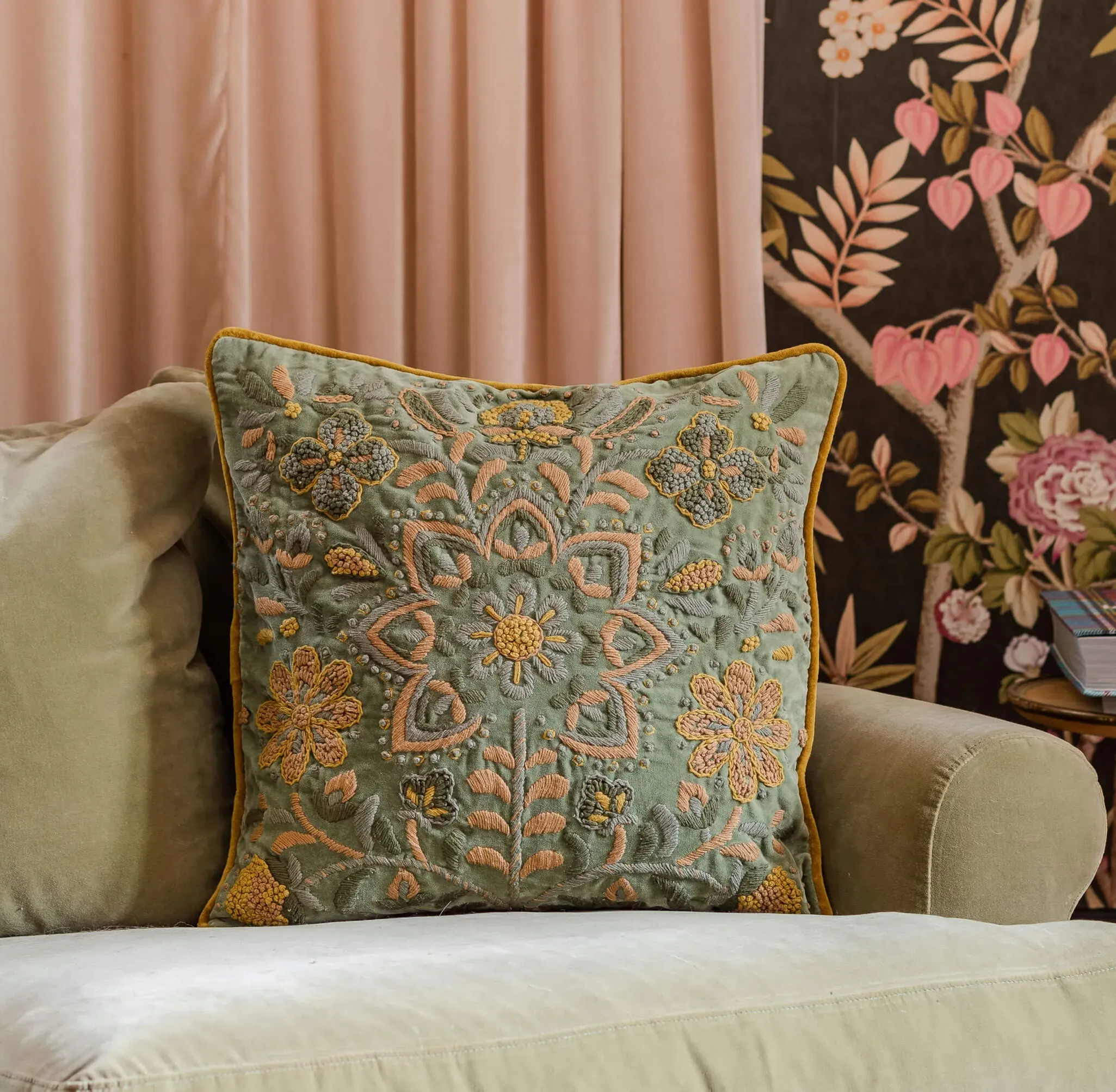 Ione Embroidered Square Cushion - Velvet