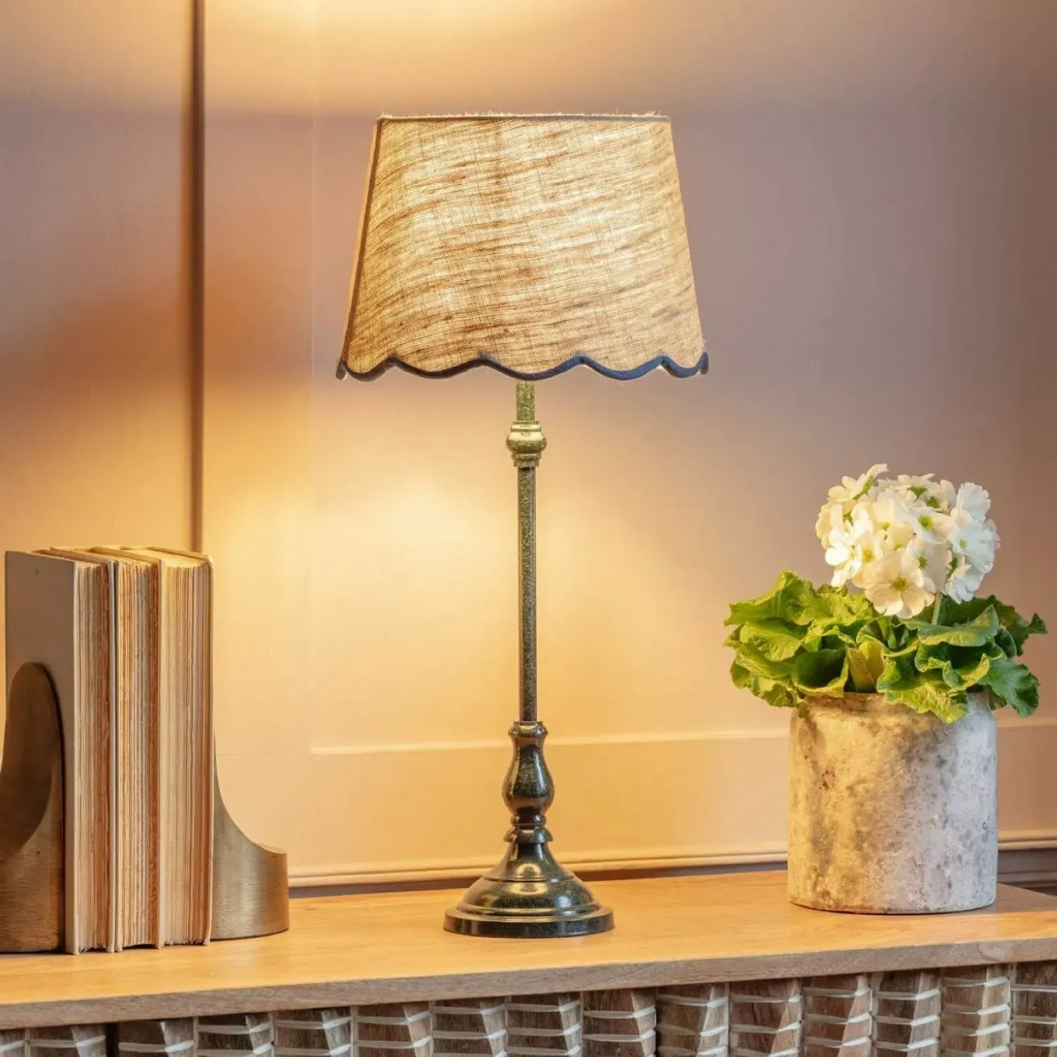 Iris Table Lamp with Scalloped Shade - Blue Trim, Linen image