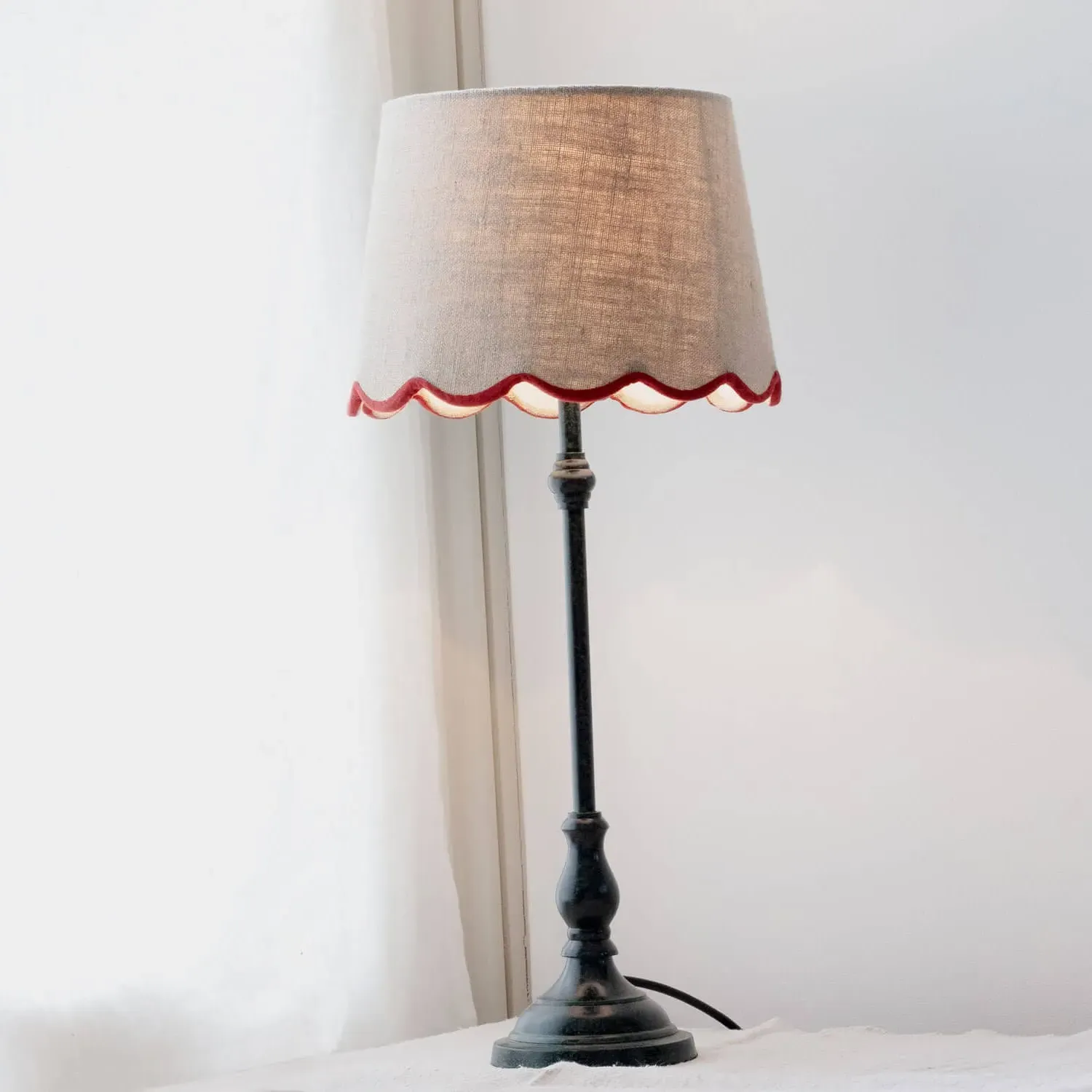 Iris Table Lamp with Scalloped Shade - Red Trim, Linen
