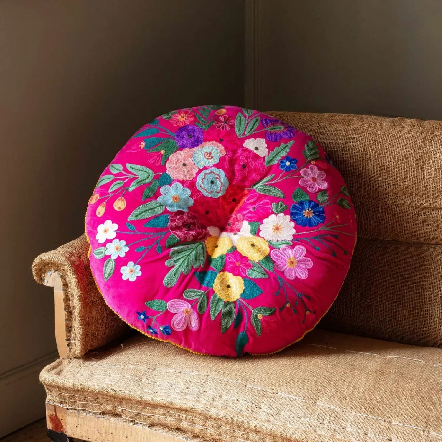 Jade Green Bouquet Large Round Seat Pad - Cotton
