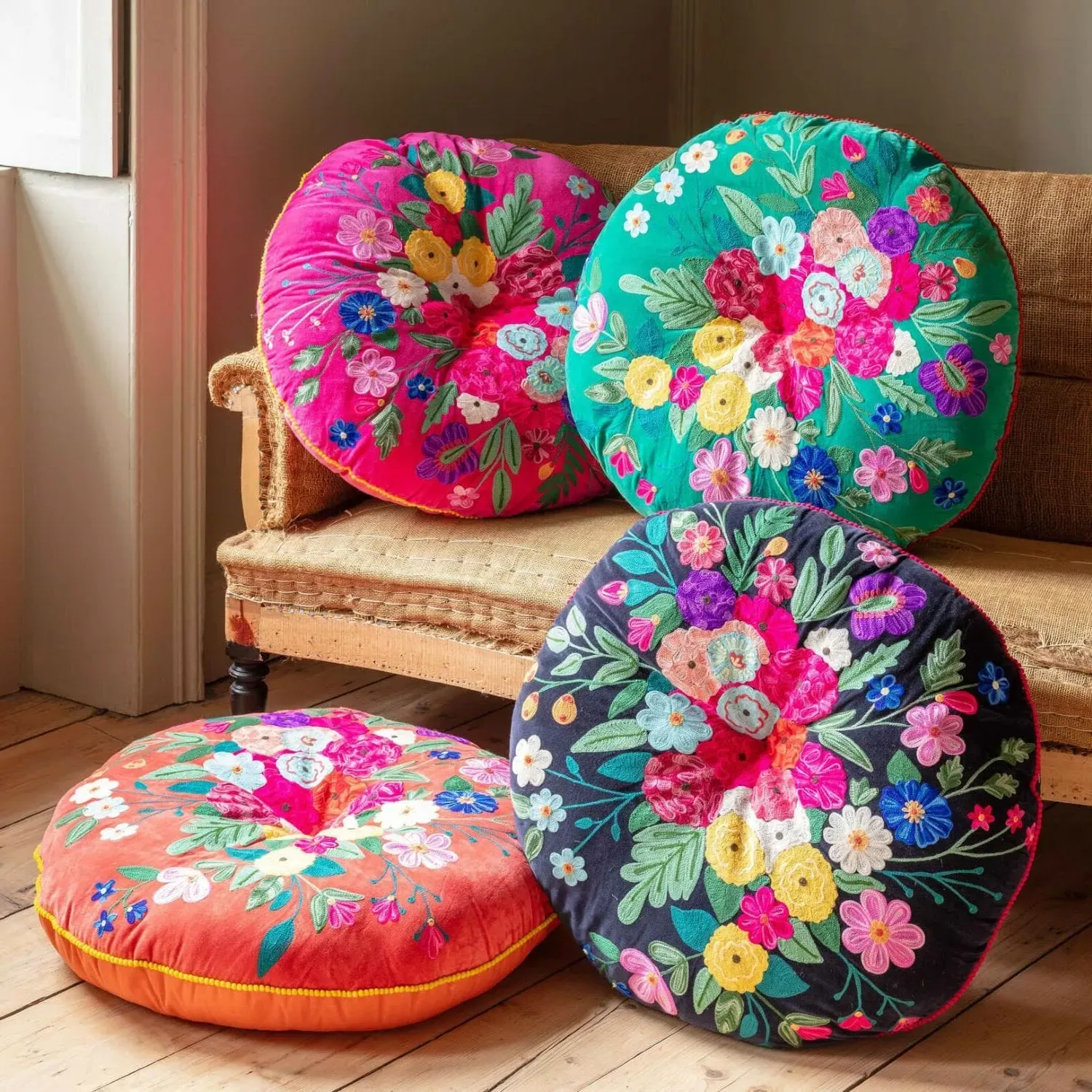 Jade Green Bouquet Large Round Seat Pad - Cotton