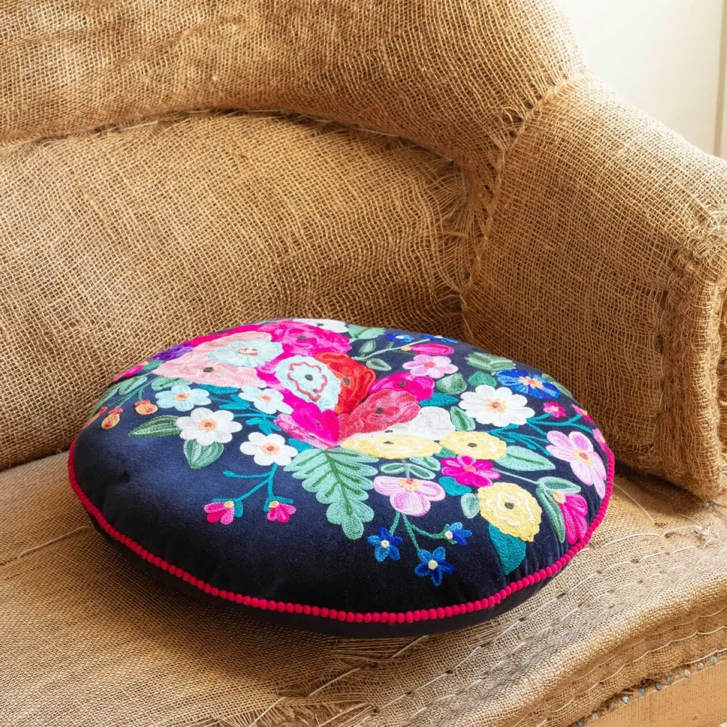Jade Green Bouquet Small Round Seat Pad - Cotton