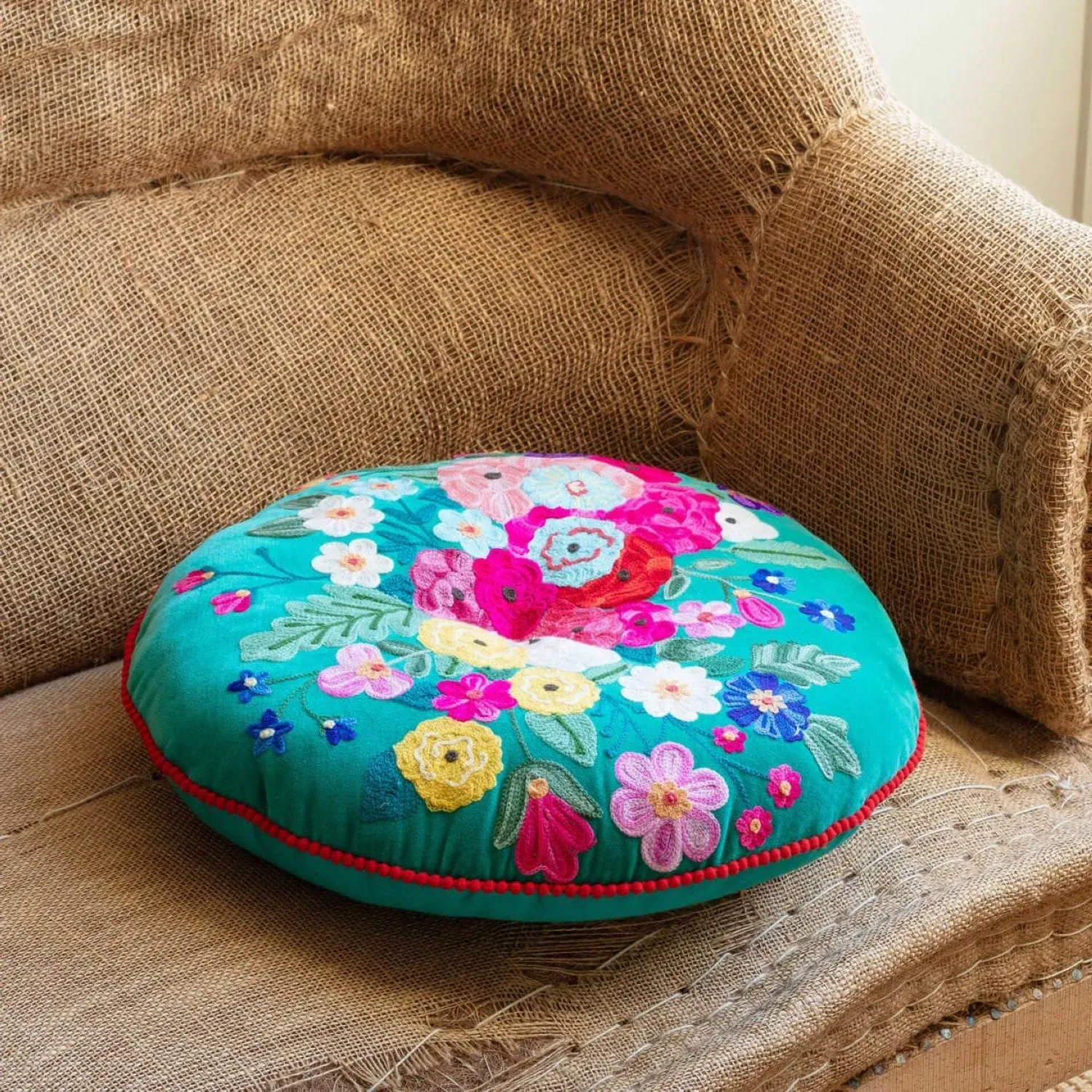 Jade Green Bouquet Small Round Seat Pad - Cotton