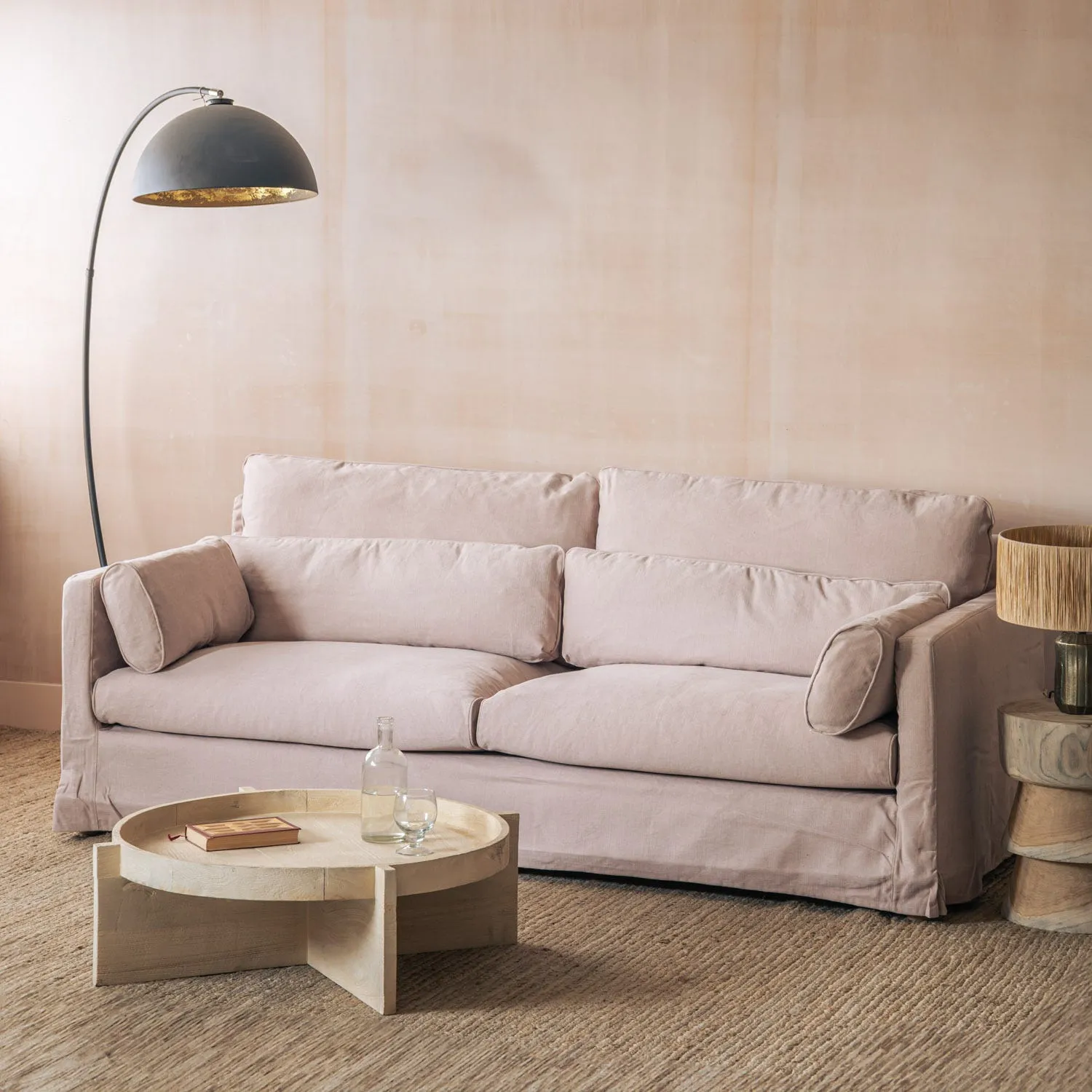 Jasmine 3-Seater Sofa with Cushions - Powder Pink, Cotton Linen