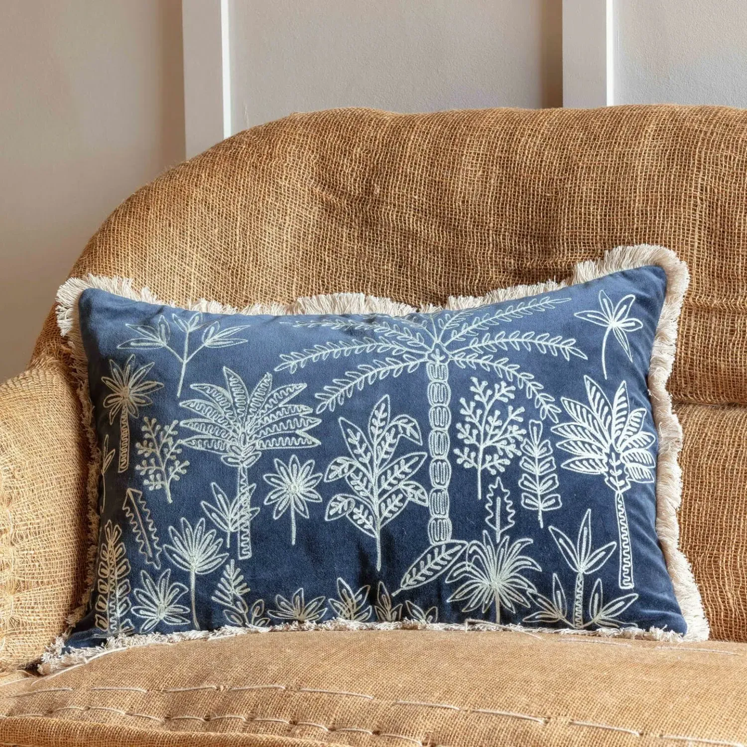 Jungle Crewel Work Cushion - Coral, Cotton