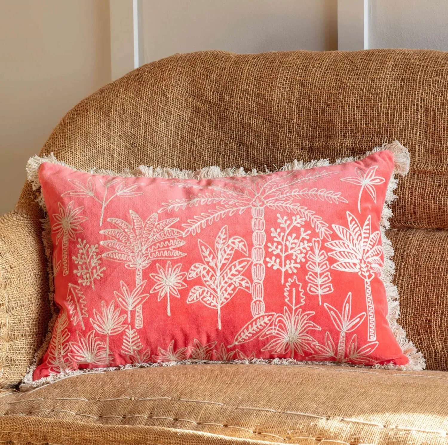 Jungle Crewel Work Cushion - Coral, Cotton