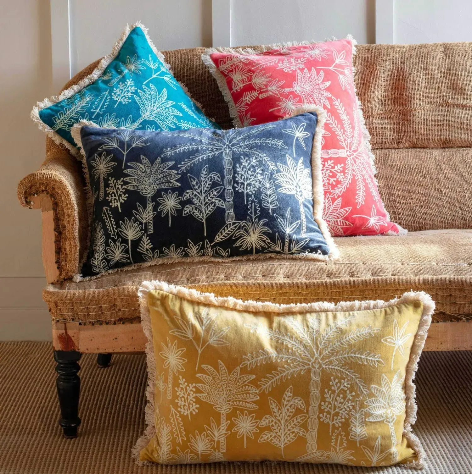 Jungle Crewel Work Cushion - Petrol Green, Cotton