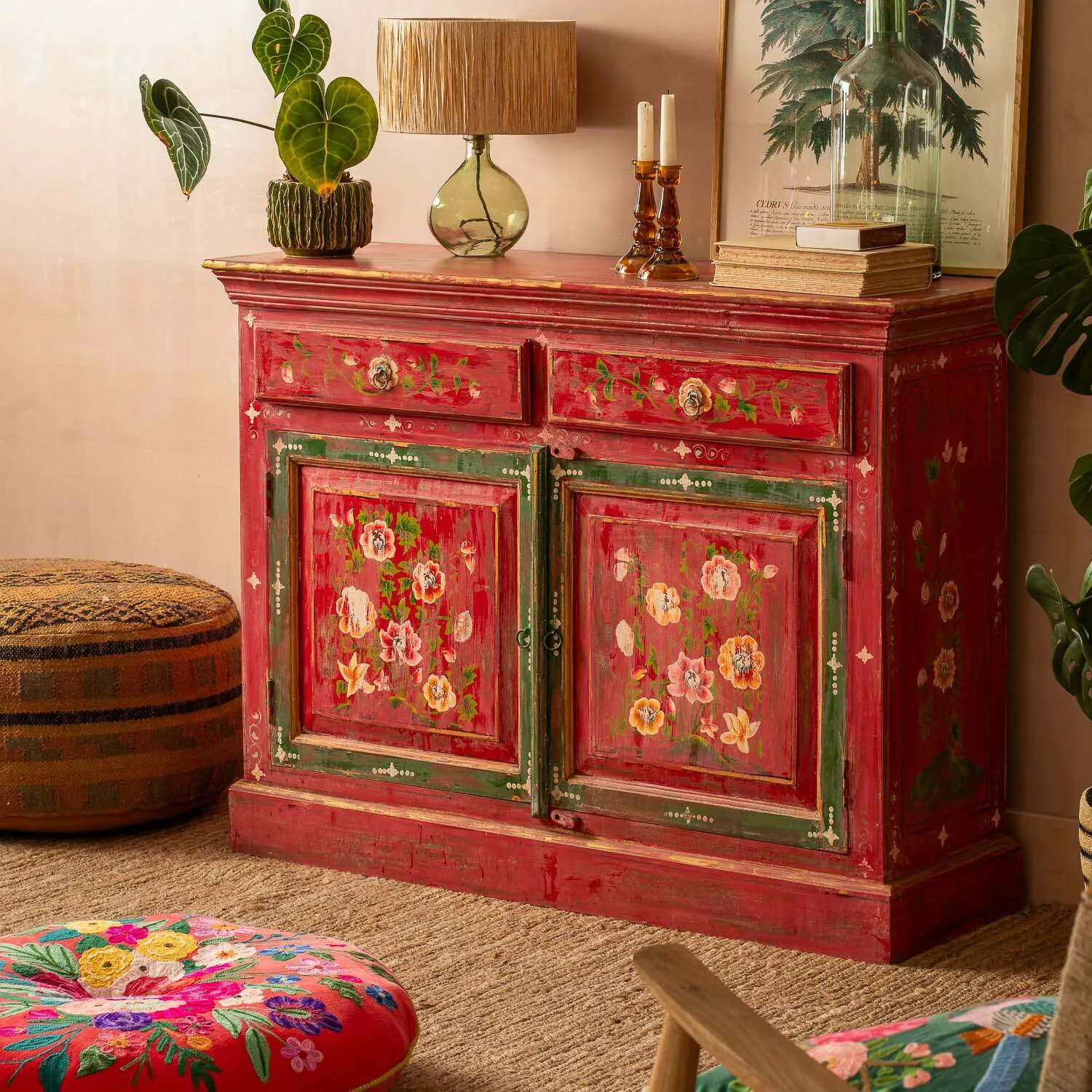 Junli Hand-Painted Cabinet - Red, Mango Wood