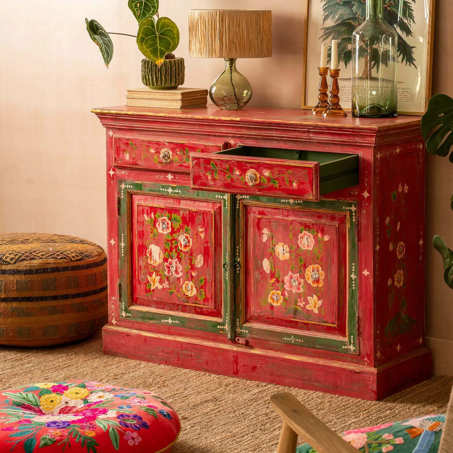 Junli Hand-Painted Cabinet - Red, Mango Wood