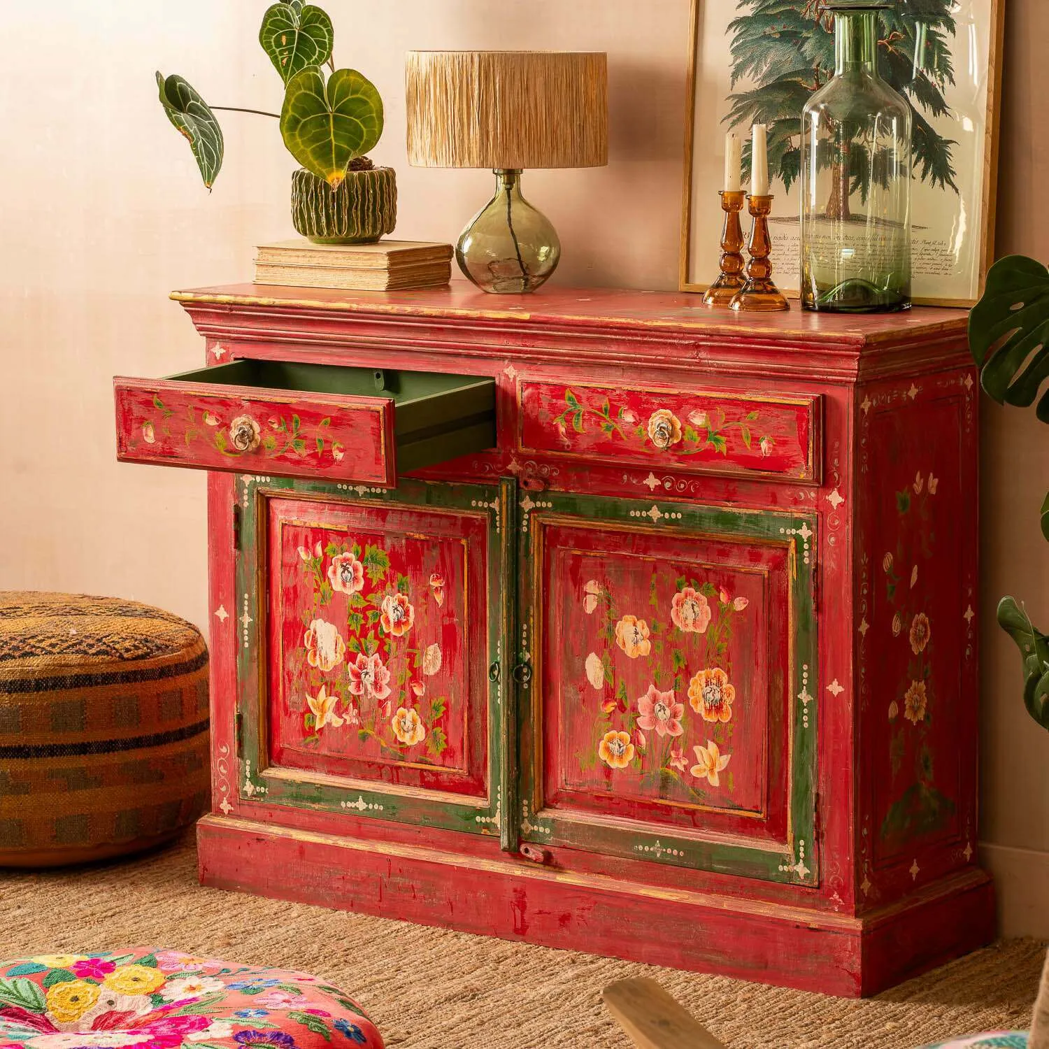 Junli Hand-Painted Cabinet - Red, Mango Wood