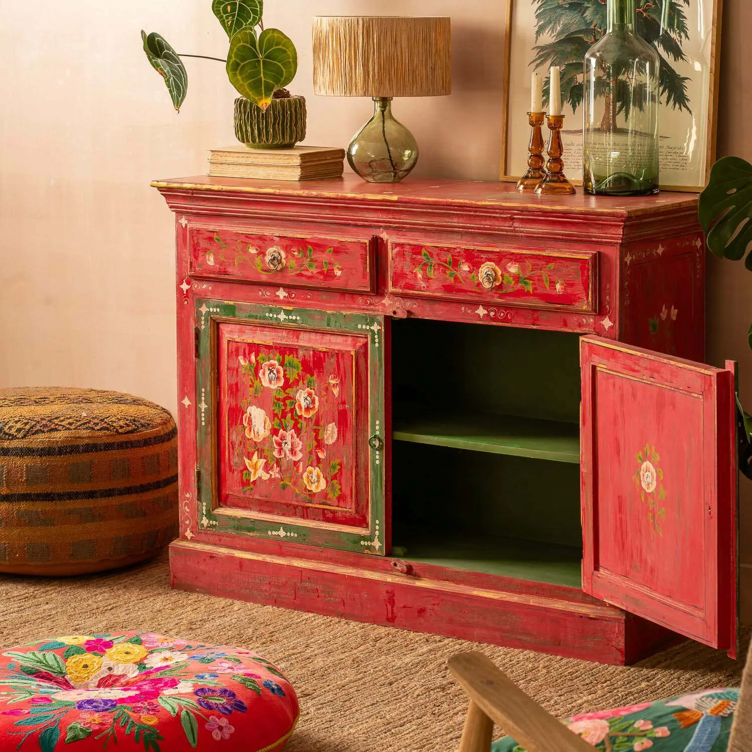Junli Hand-Painted Cabinet - Red, Mango Wood