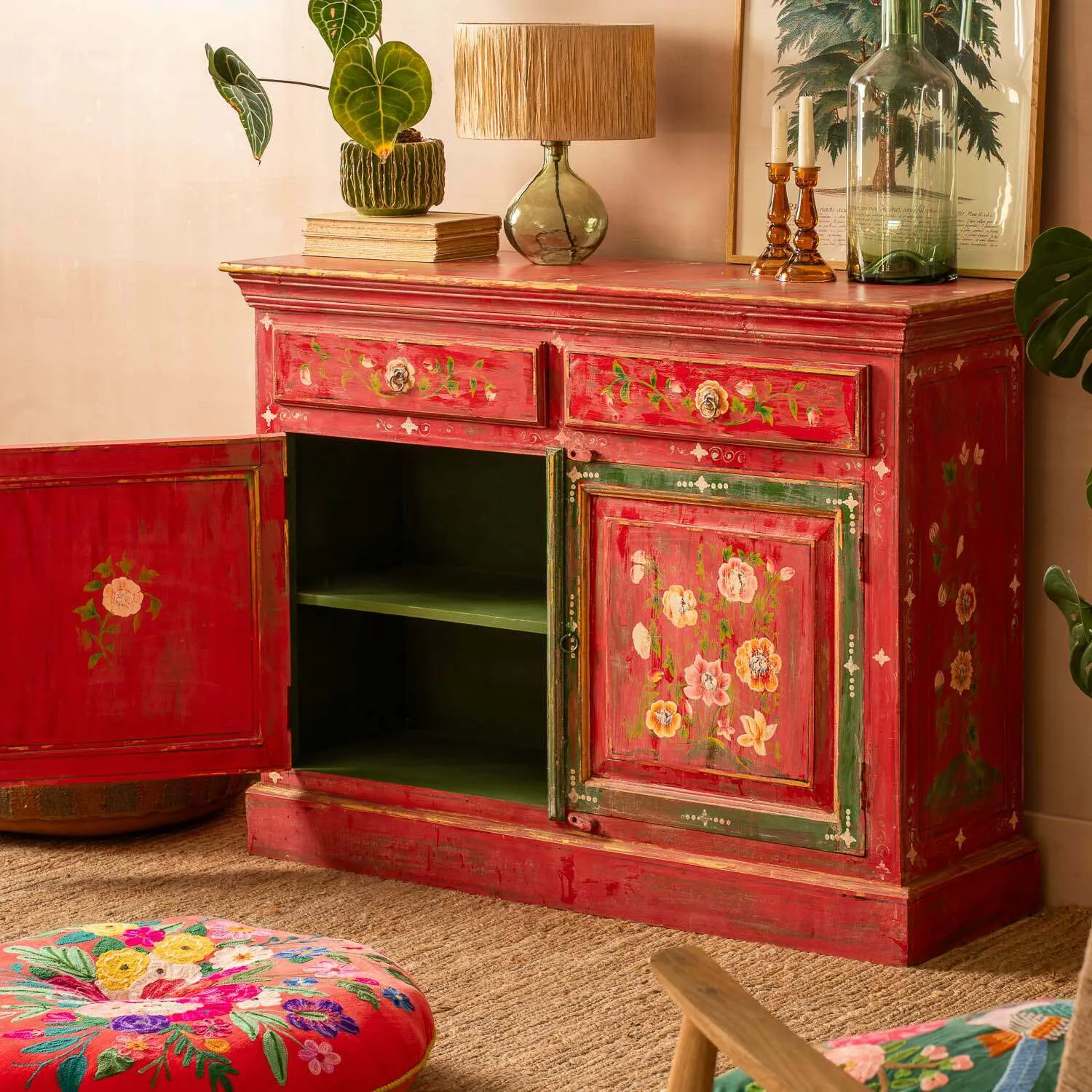 Junli Hand-Painted Cabinet - Red, Mango Wood